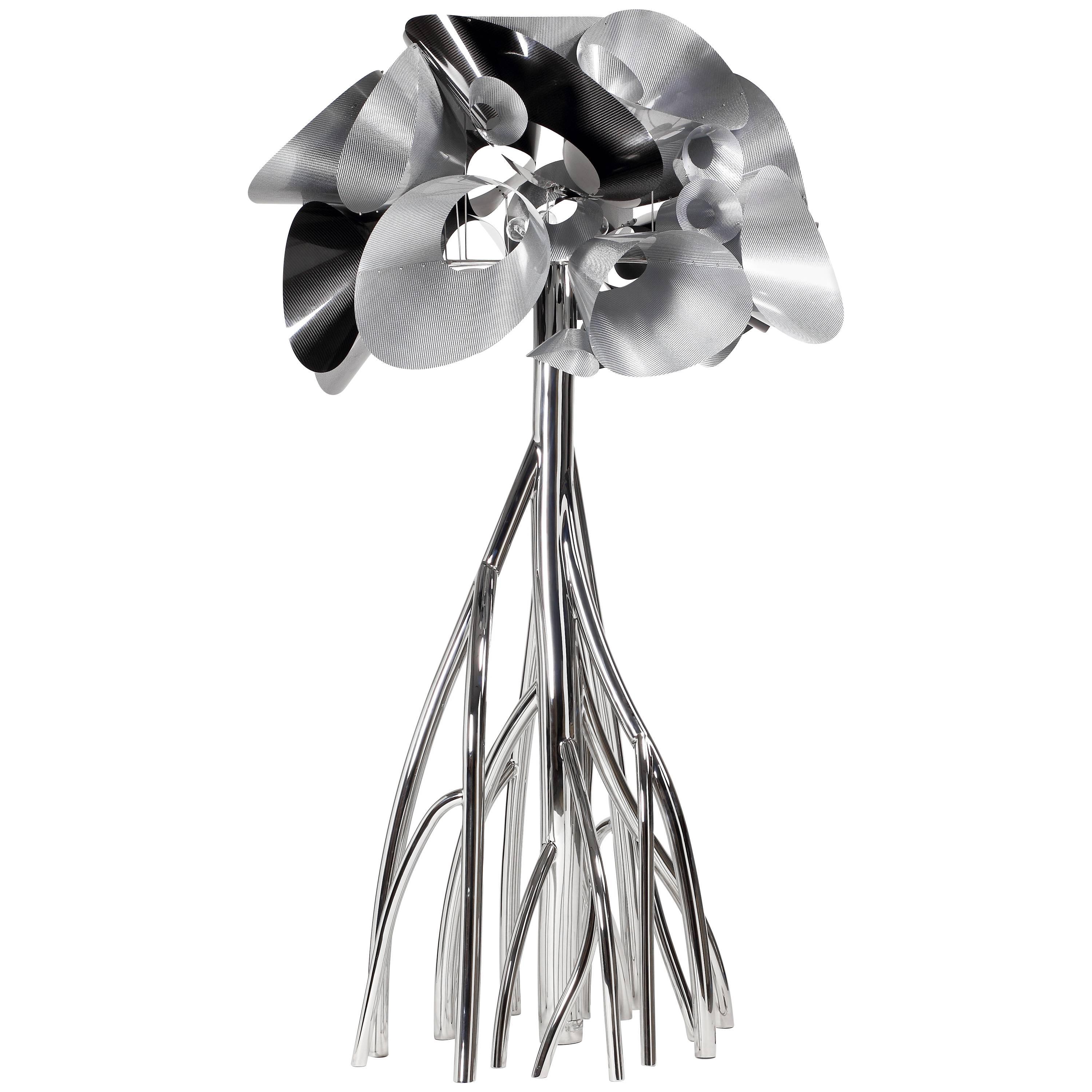 Floor Lamp Decorative Big Sculpture Mirror Steel Carbon Fiber Lampshade Italy For Sale