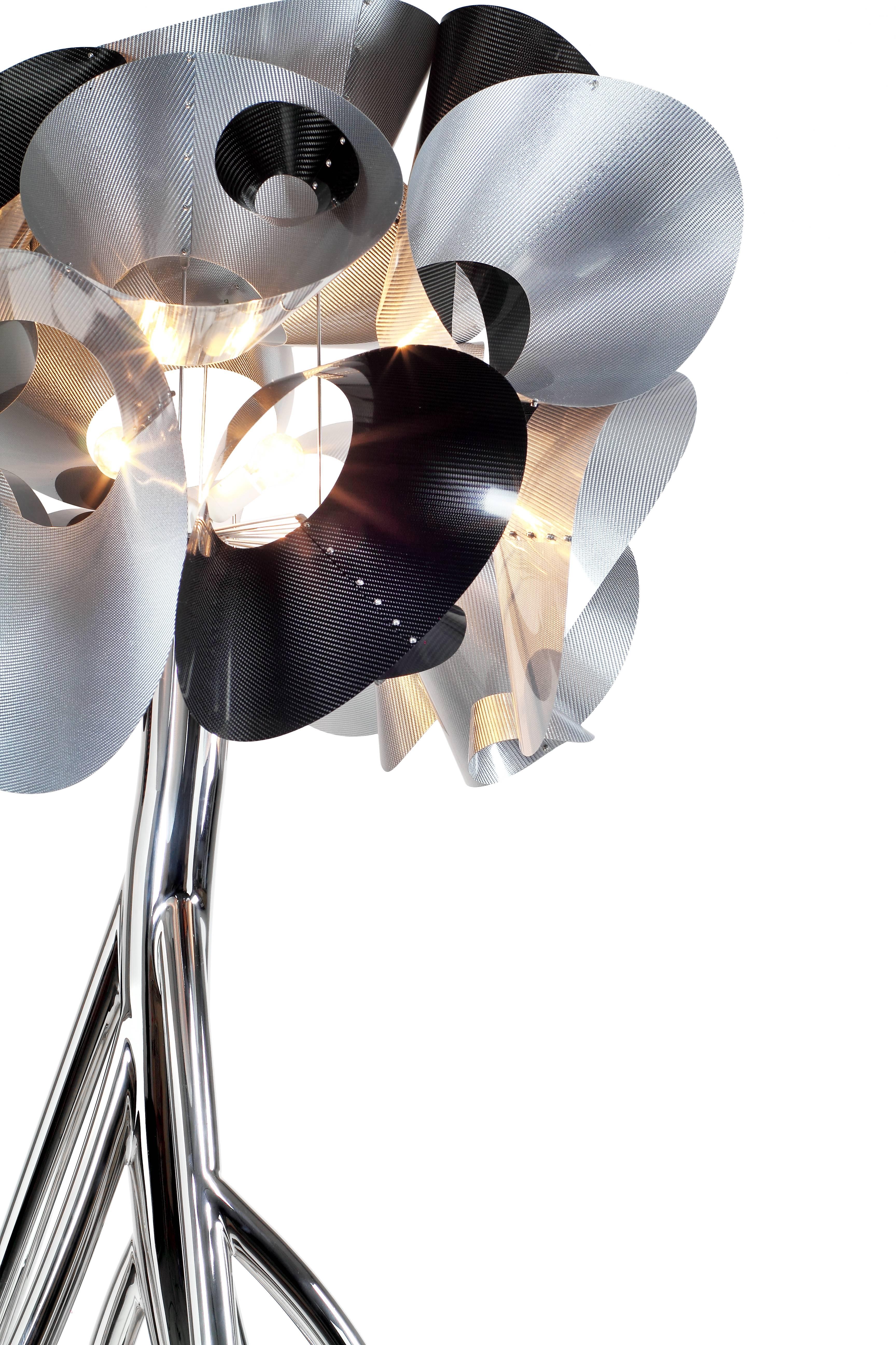 Modern Floor Lamp Decorative Big Sculpture Mirror Steel Carbon Fiber Lampshade Italy For Sale
