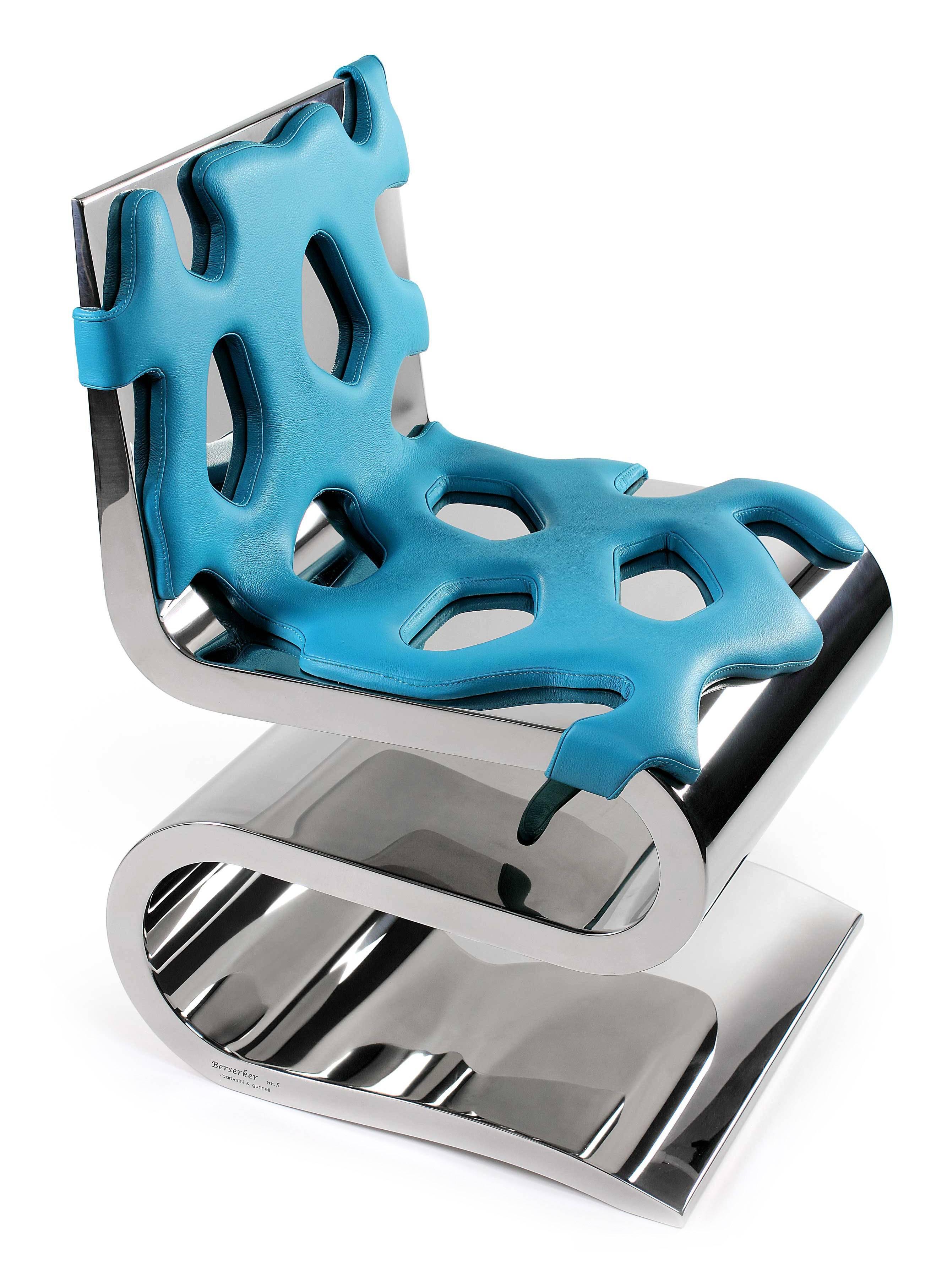 Silla Escultura Espejo Acero Cuero Marrón Diseño Coleccionable Hecho a Mano Italia Pulido en venta