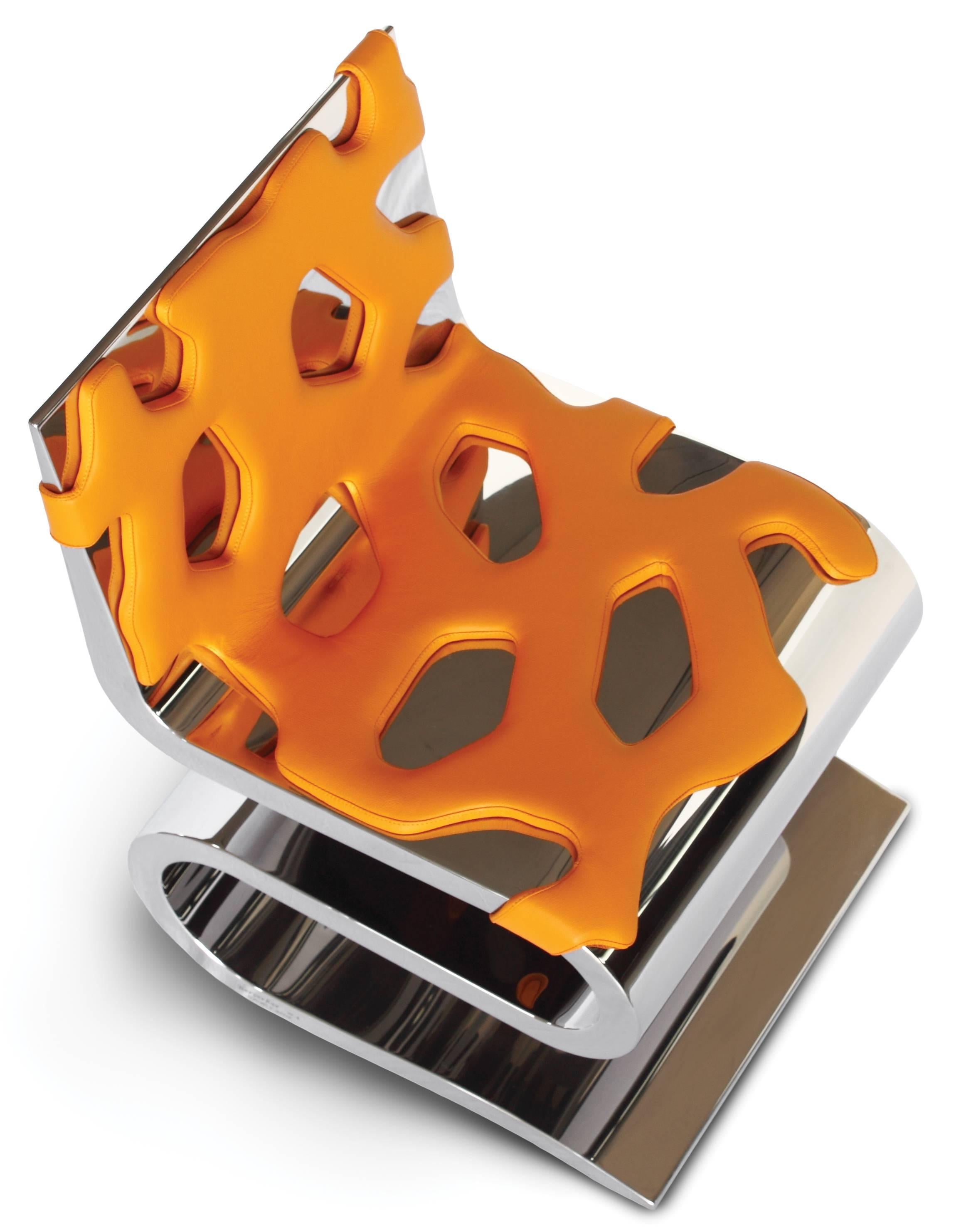 Silla Escultura Espejo Acero Cuero Marrón Diseño Coleccionable Hecho a Mano Italia en venta 1