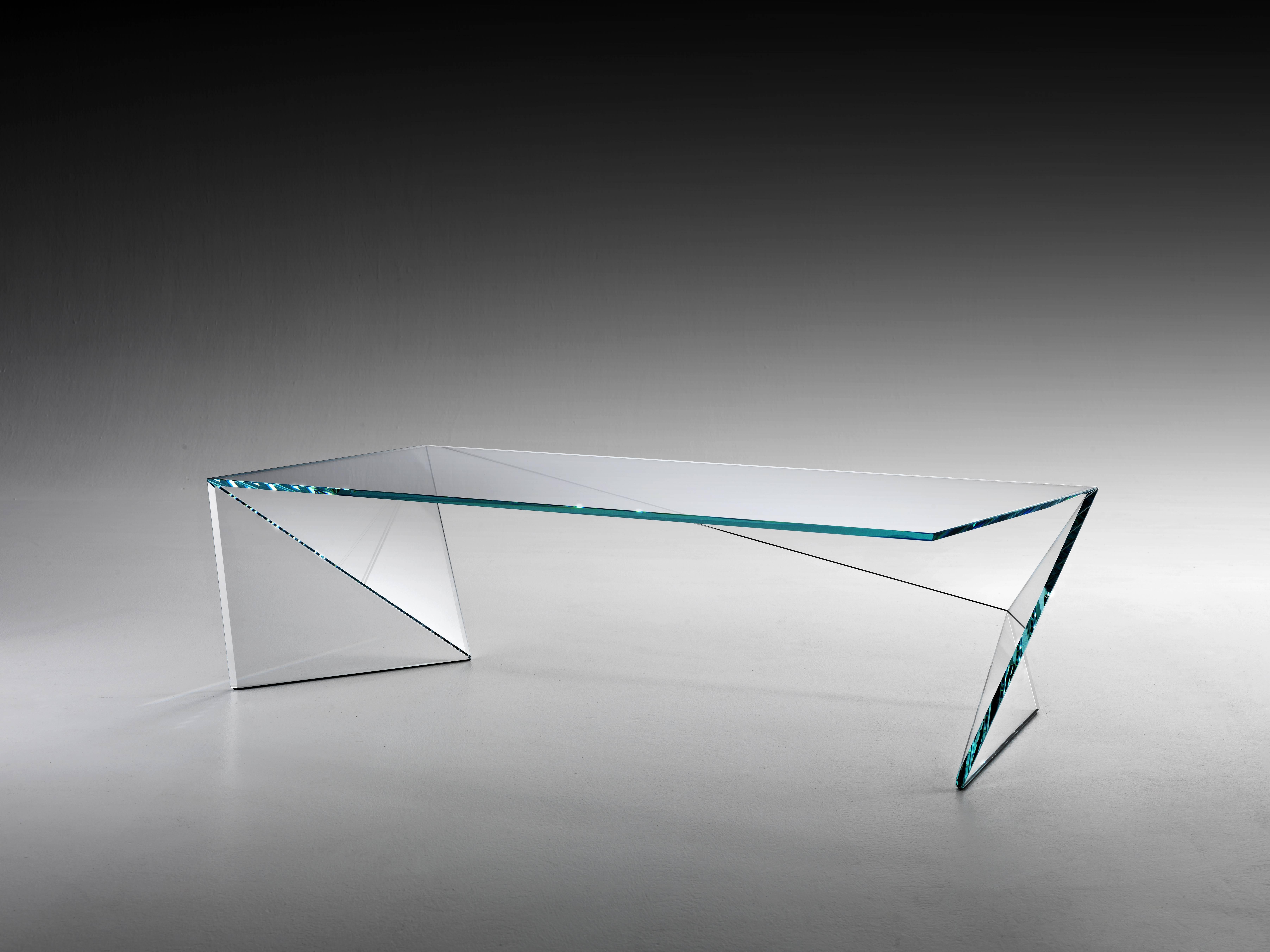 Hand-Crafted Crystal Glass Coffee Table, Transparent Origami Contemporary Design Italy For Sale