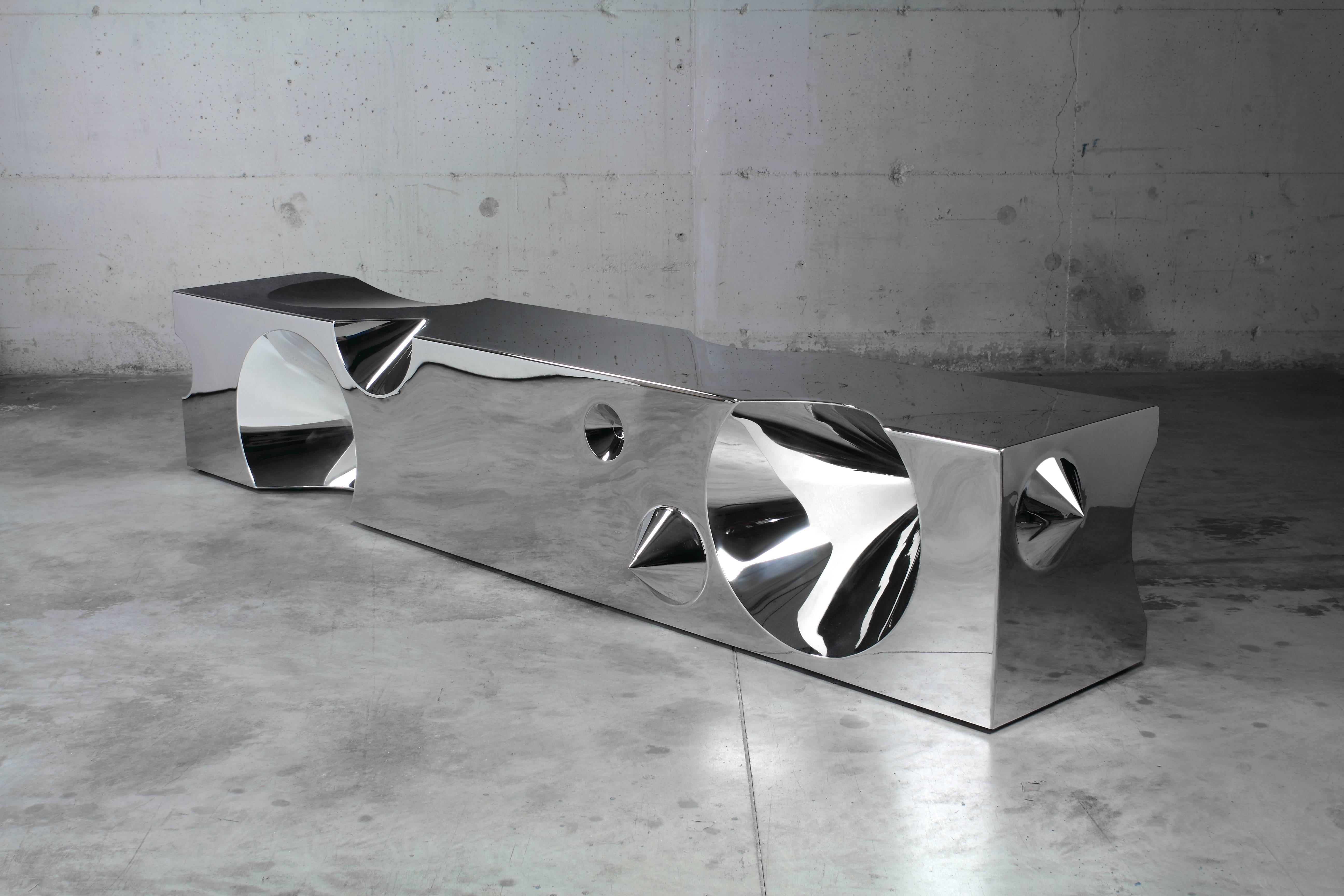 Modern Bench Sculpture Abstract Mirror Steel Cones Interior Exterior Collectible Italy For Sale