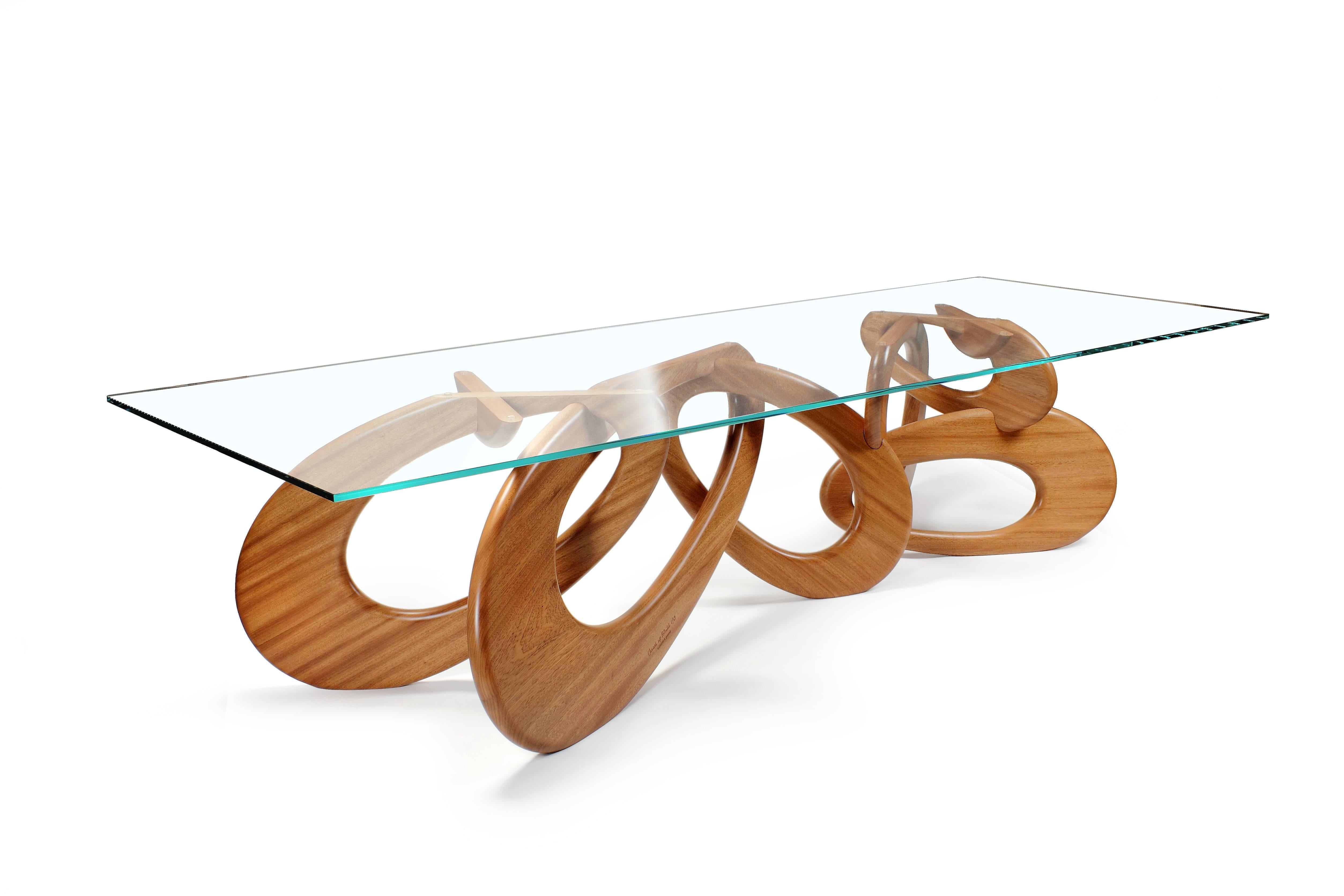 Esstisch aus Massivholz mit Ringen und Skulptur aus Glas und Kristallplatte, Sammlerstück-Design (Moderne) im Angebot