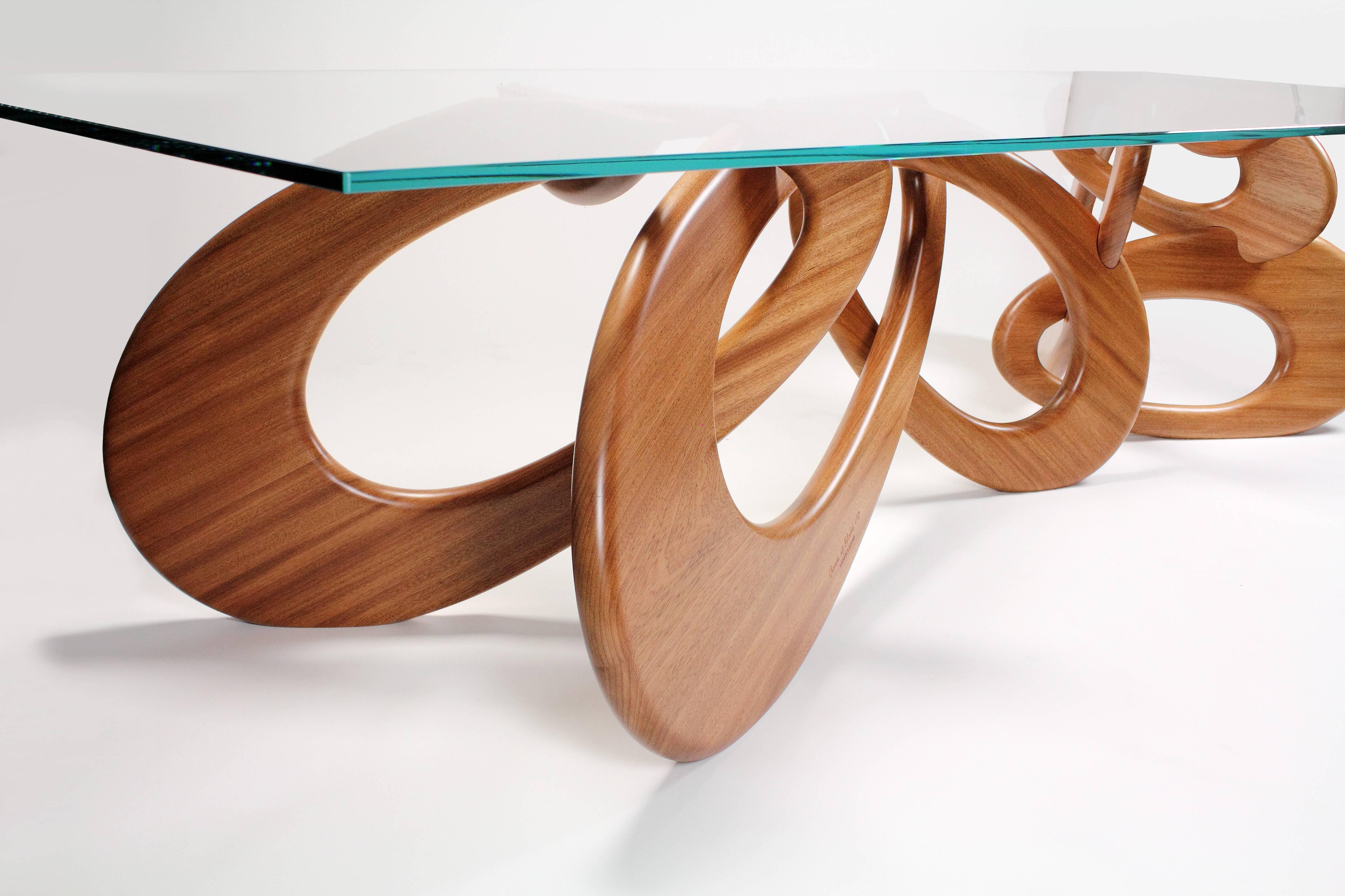 Italian Dining Table Solid Wood Rings Sculpture Glass Crystal Top Collectible Design For Sale