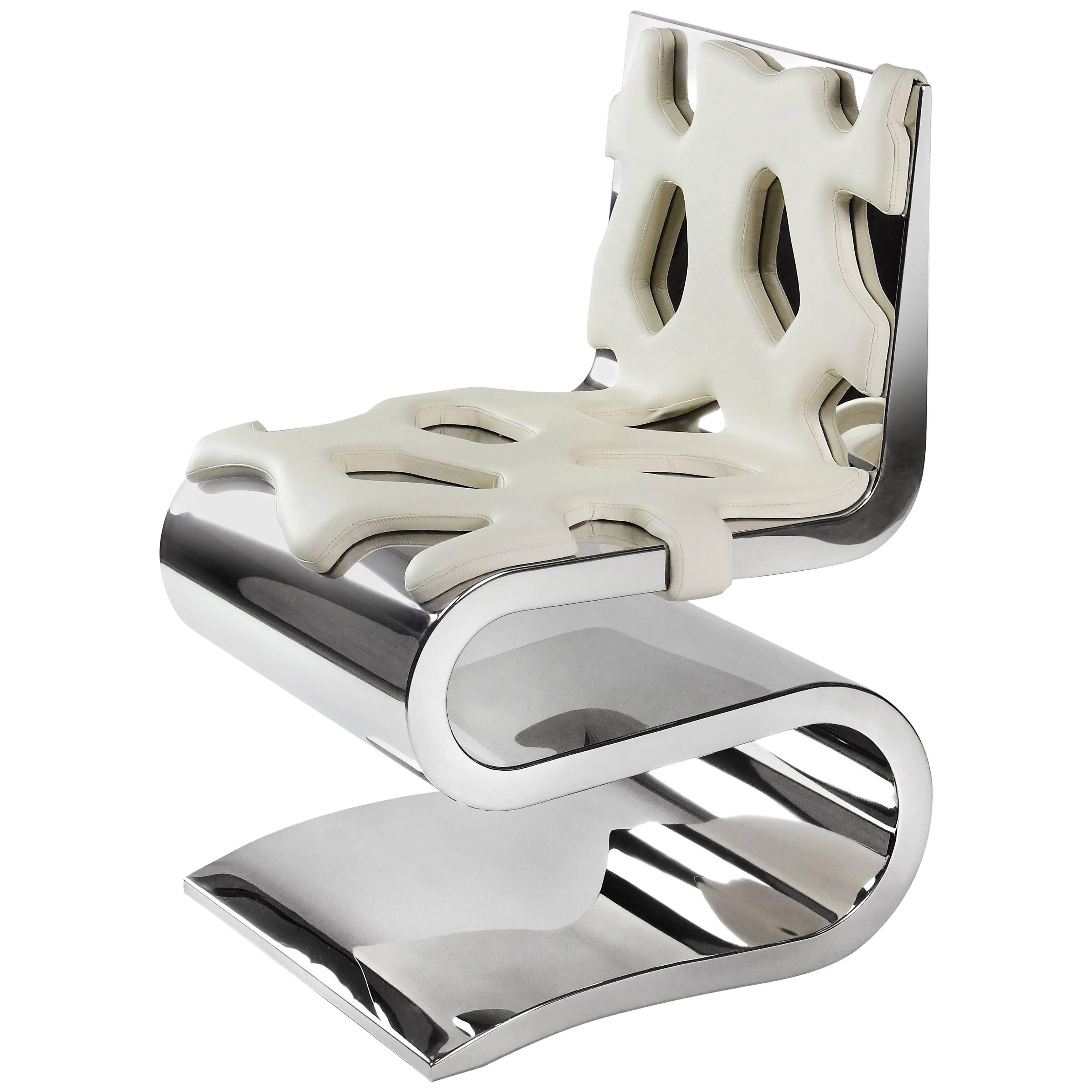 Stuhl Skulptur Spiegel Stahl Weißes Leder Sammlerstück Design Handgefertigt Italien
