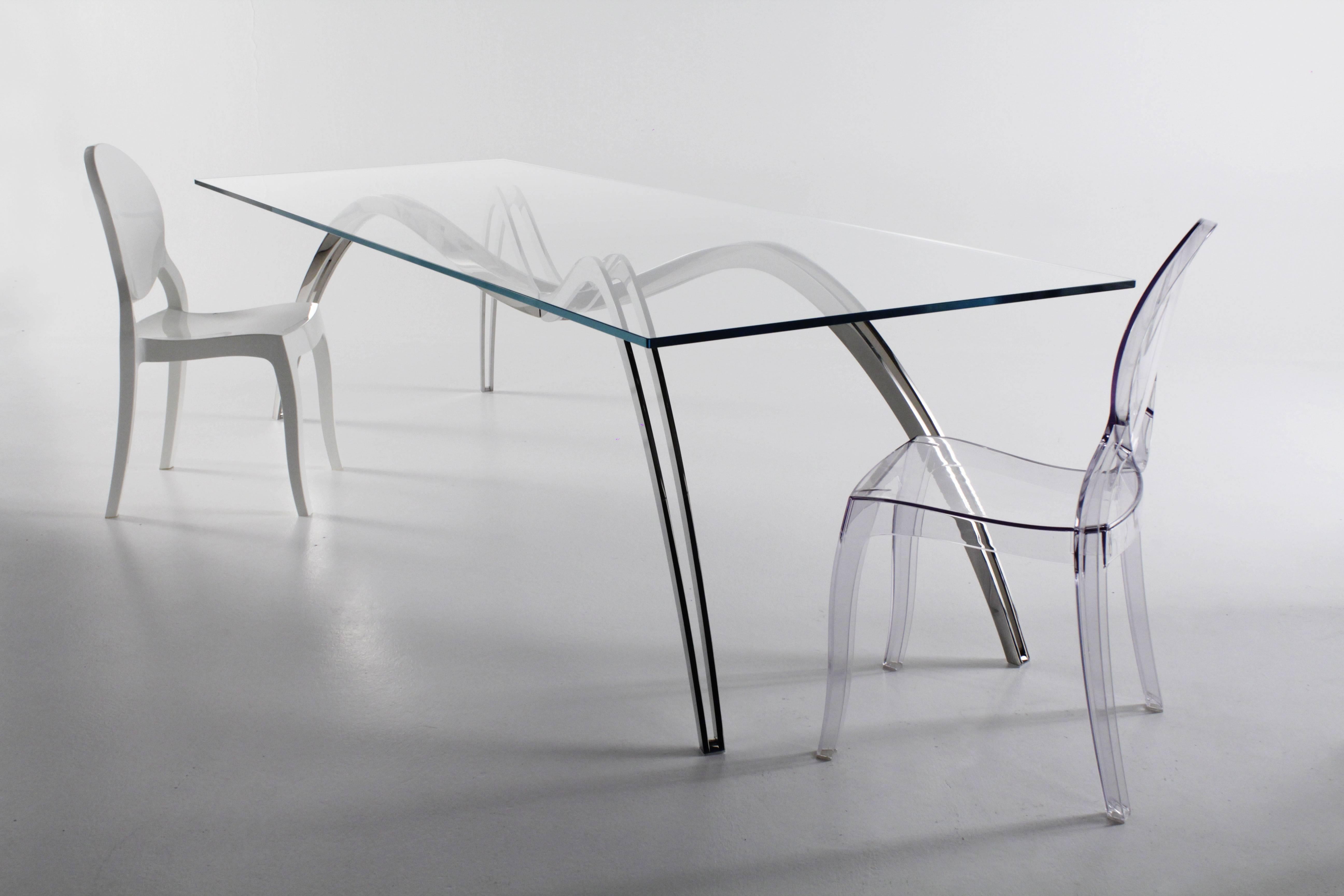 The 'Spider Skeleton' dining table is made of mirror polished stainless and table top in extra-clear crystal glass.

Dining table dimension: L 270 x W 100 x  H 76 cm. Dimensions are customizable.

Limited Edition of 15.

Each table is hand signed