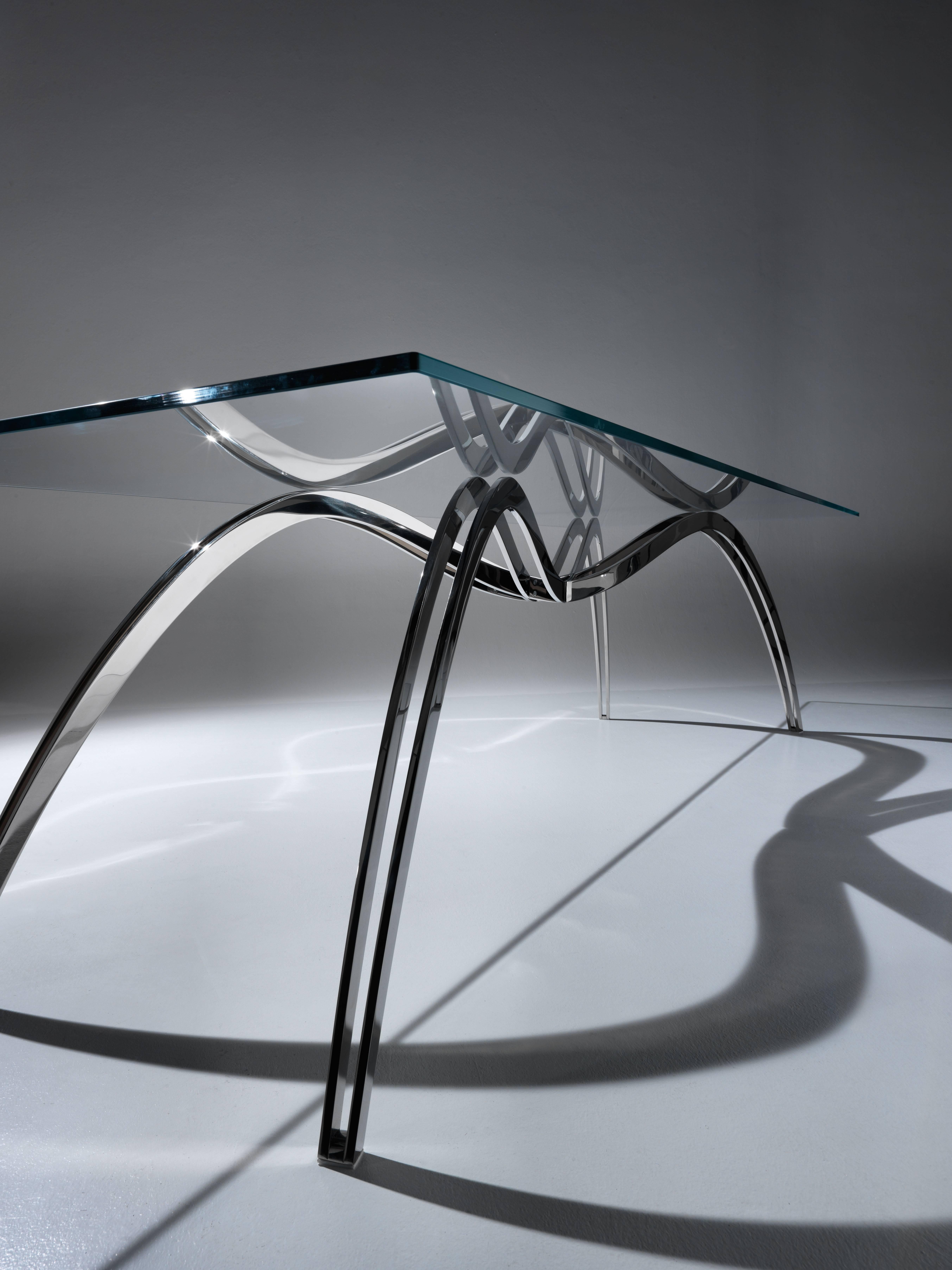 Poli Table de salle à manger ou de bureau rectangulaire en verre et miroir en acier, Italie en vente