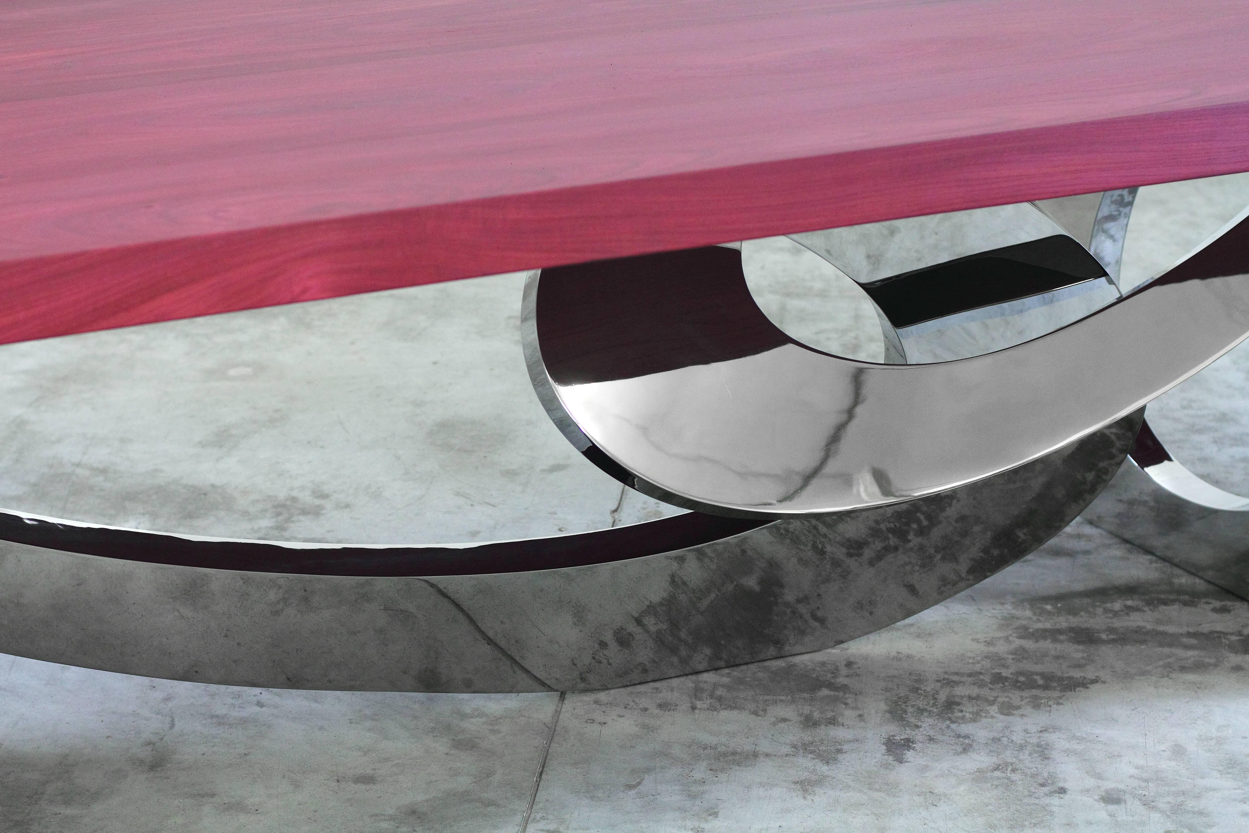 Dining Desk Table Metal Rings Rectangular Purpleheart Wood Mirror Steel Italy In New Condition For Sale In Ancona, Marche
