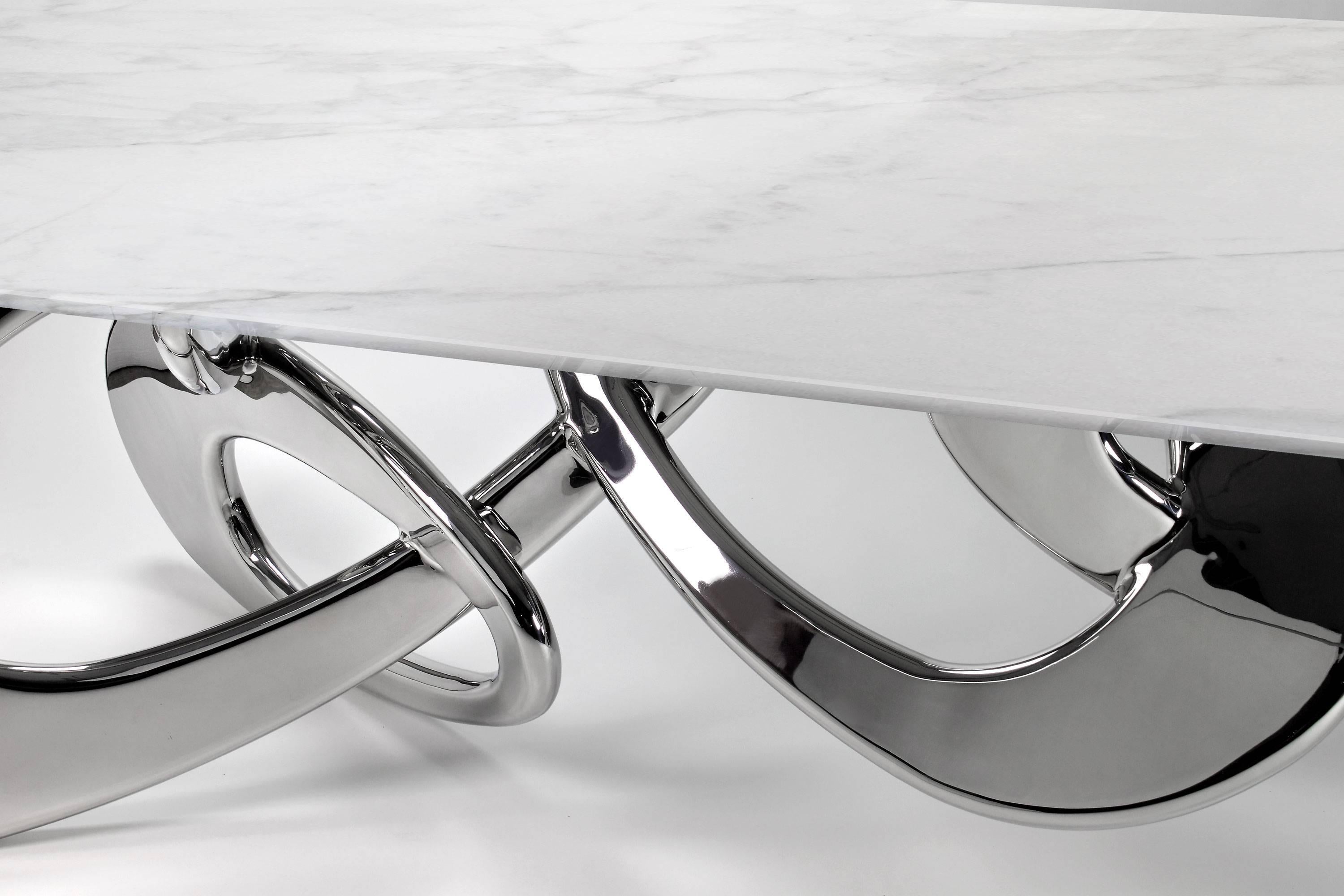 Esstisch Ringe Skulptur Weißer Marmor Spiegel Stahl Metall Rechteckig Design (Poliert) im Angebot