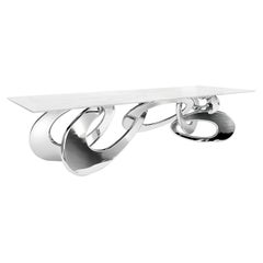 Esstisch-Ringe – Skulptur aus weißem Marmor, Spiegelstahl und Metall im rechteckigen Design