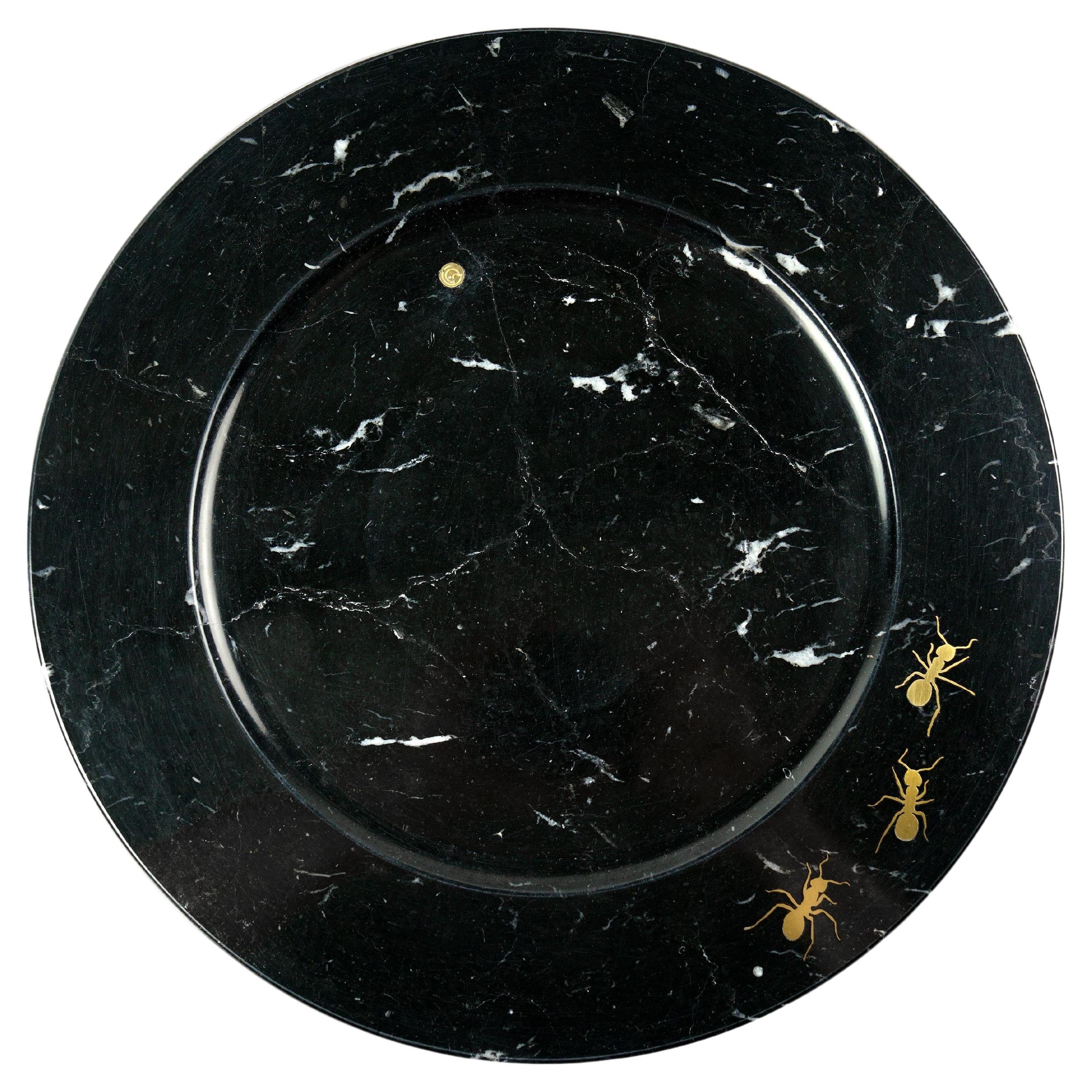 Charger Plate Platters Serveware Black Marquinia Marble Brass Inlay Handmade  For Sale