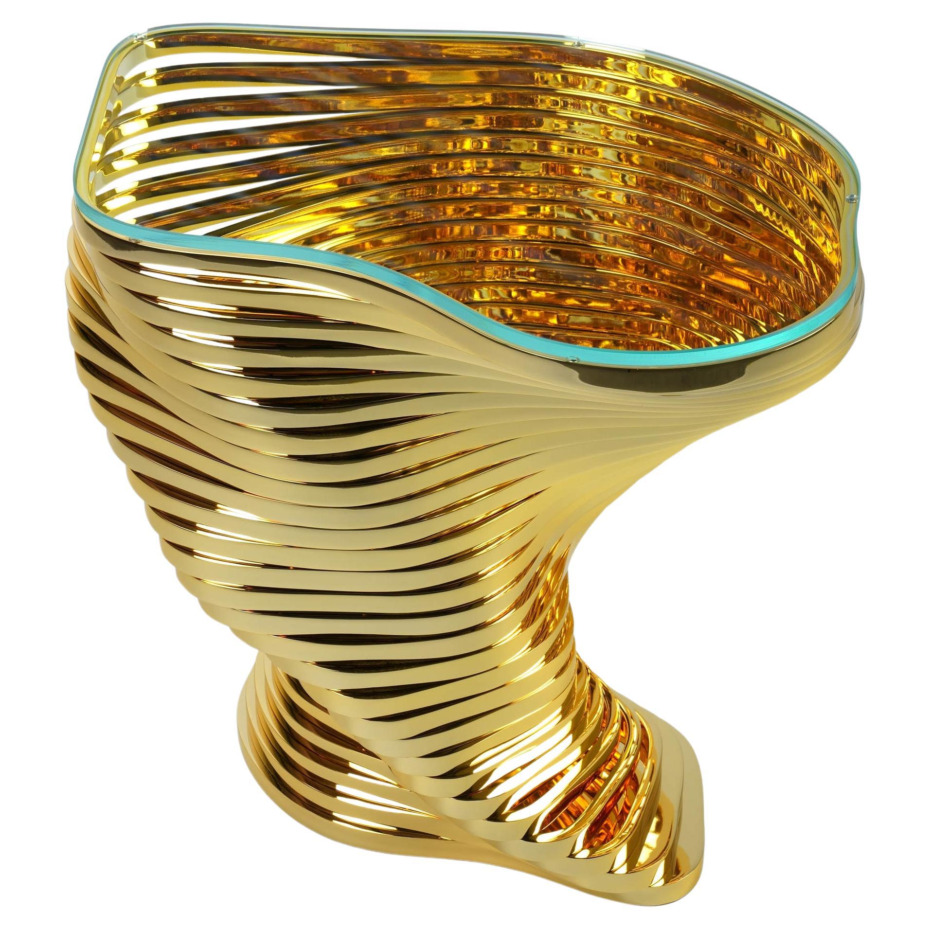 Beistelltisch Skulptur Vergoldeter Spiegel Edelstahl Kristallglasplatte Italien im Angebot