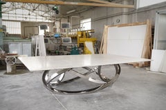 Italian Sculptural Ring Dining Table in Taj Mahal Quartzite and Stainless Steel
