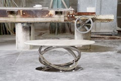 Italian Oval Side Table Top Taj Mahal Quartzite, Sculptural Stainless Steel Base
