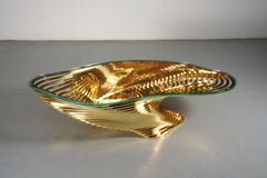 Italian Sculptural Coffee Table 24kt Gold Plated Aluminium, Crystal Glass Top