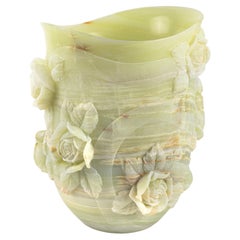 Green Onyx Rose Sculpture Vase Hand-Carved in Italy from a Solid Onyx Block Rare
