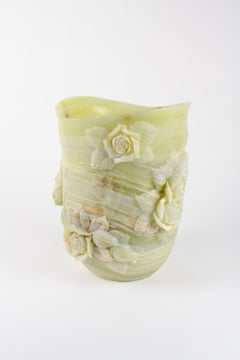 Green Onyx Rose Sculpture Vase Hand-Carved in Italy from a Solid Onyx Block Rare