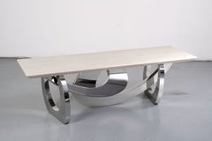 Sculptural Bleached Oak Bench Mirror-Polished Stainless Steel Base Made in Italy