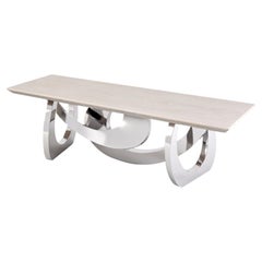 Sculptural Bleached Oak Bench Mirror-Polished Stainless Steel Base Made in Italy
