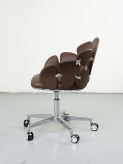 Italian Sculptural Office Chair in Brown Leather with Polished Chrome Base Italy