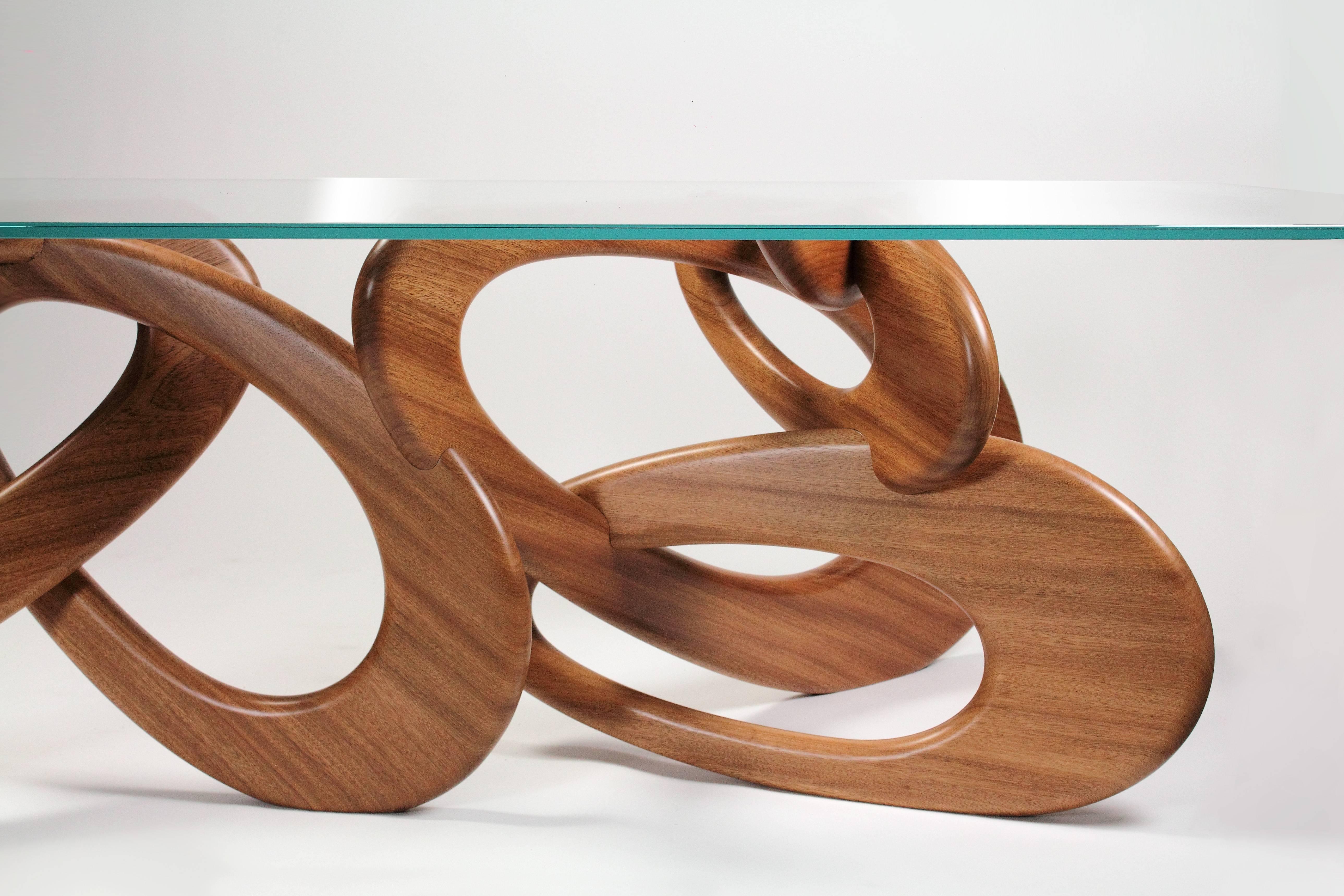 Dining Table Solid Wood Base Crystal Glass Top, Rings Structure Made in Italy In New Condition For Sale In Ancona, Marche