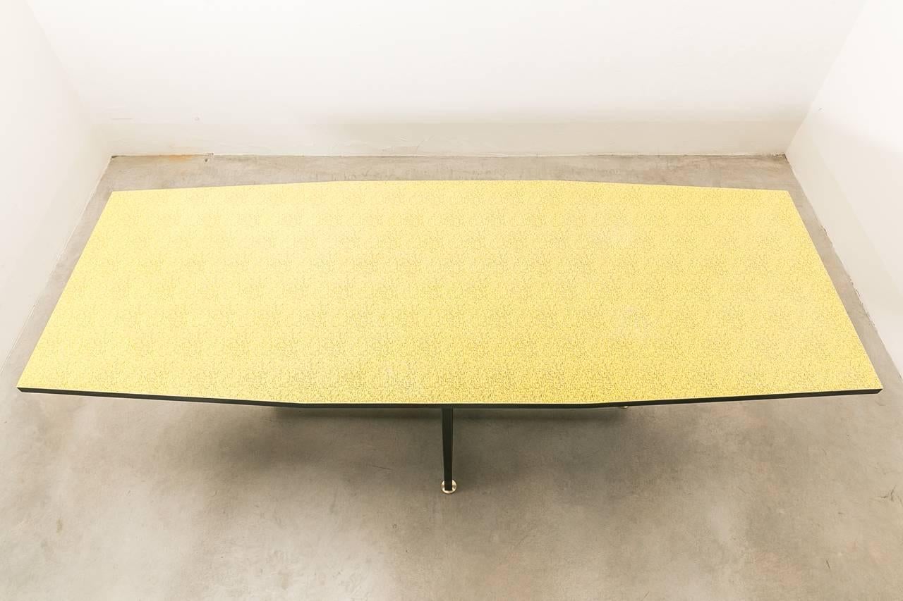 Formica Table with Black Metal Base and Brass Feet 1