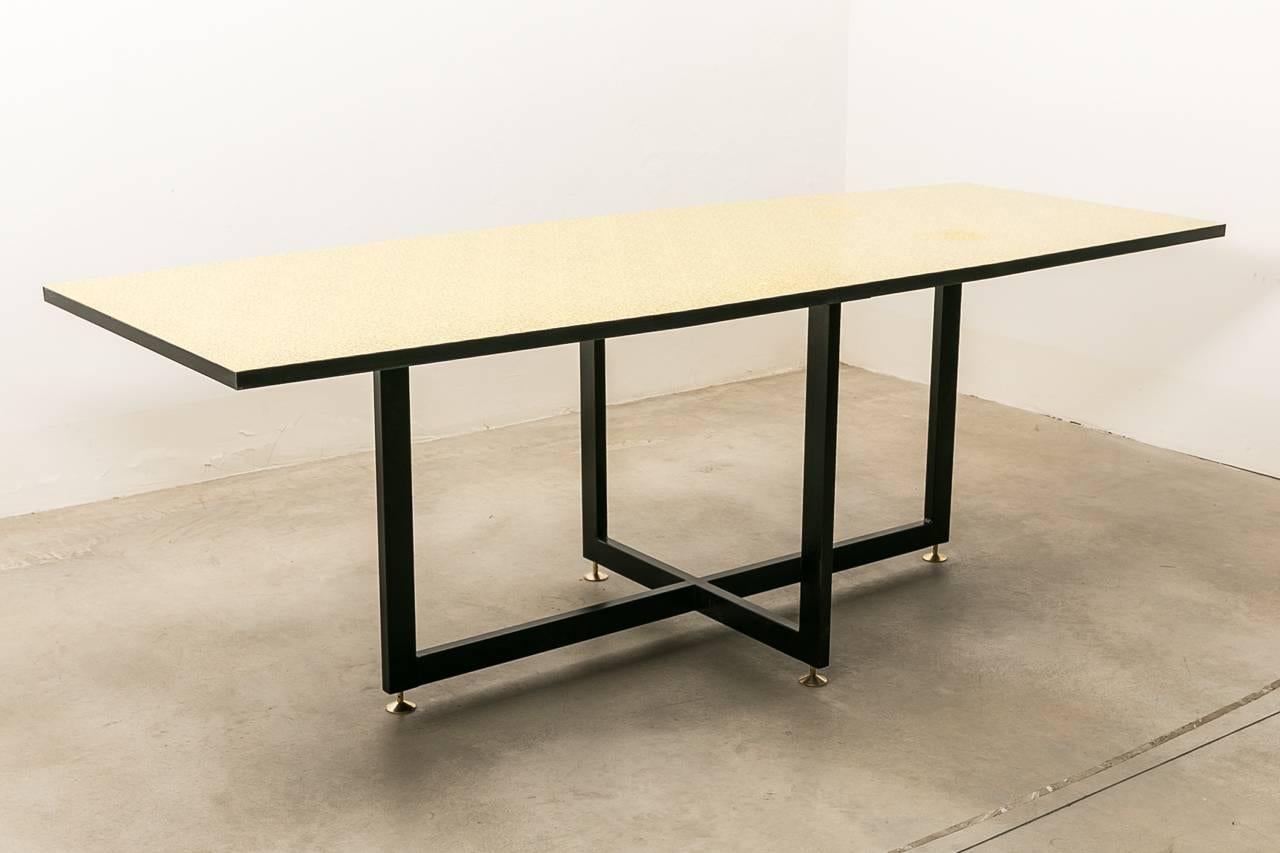 Formica Table with Black Metal Base and Brass Feet 3