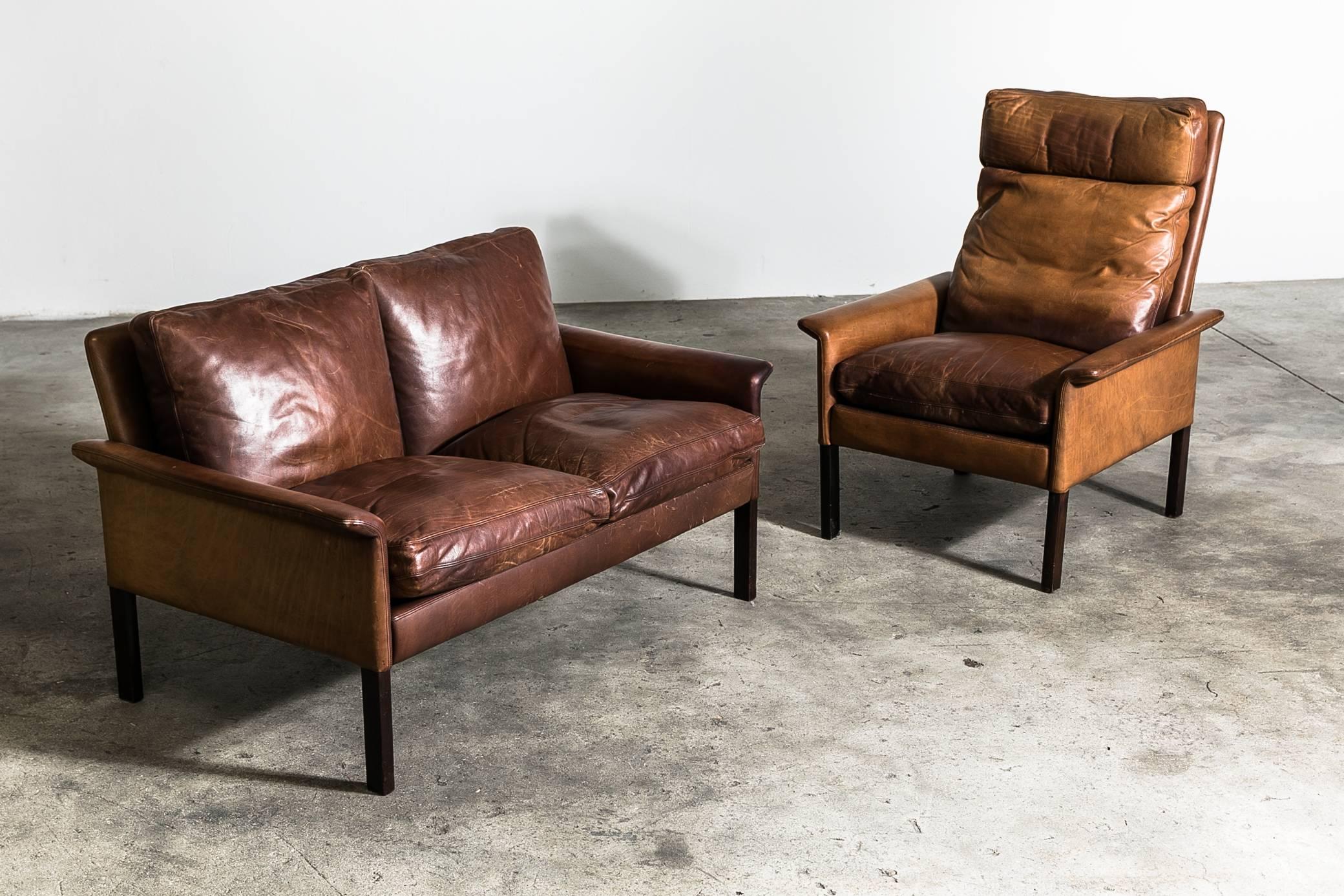 Mid-Century Modern Hans Olsen Two-Seat Leather Sofa and Armchair