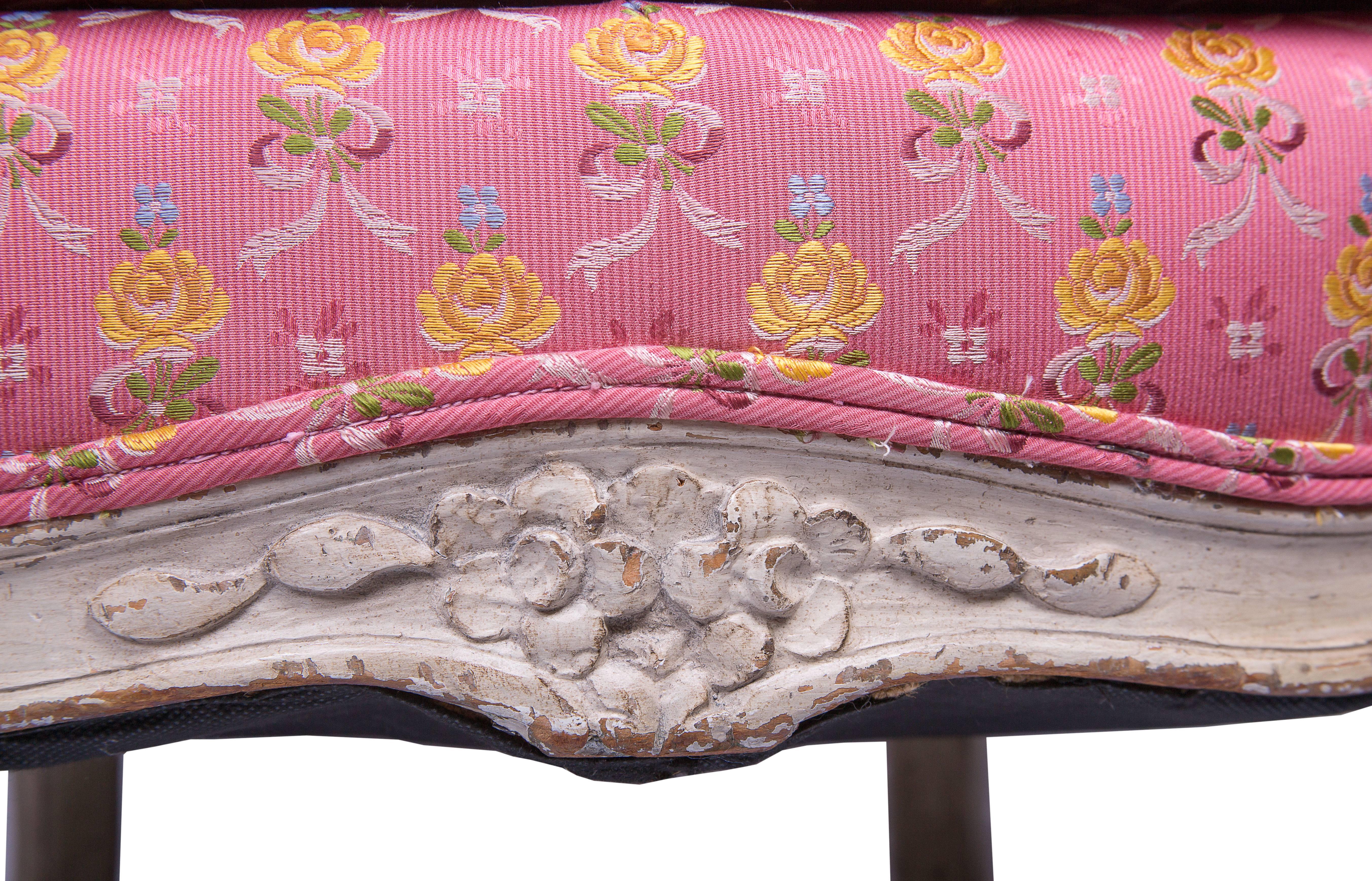 French Louis XV Style Cream Painted Bergere In Distressed Condition In WEST PALM BEACH, FL