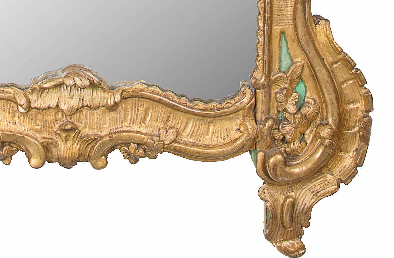 Hand-Carved Exquisite French Louis XV Green Painted and Parcel-Gilt Mirror