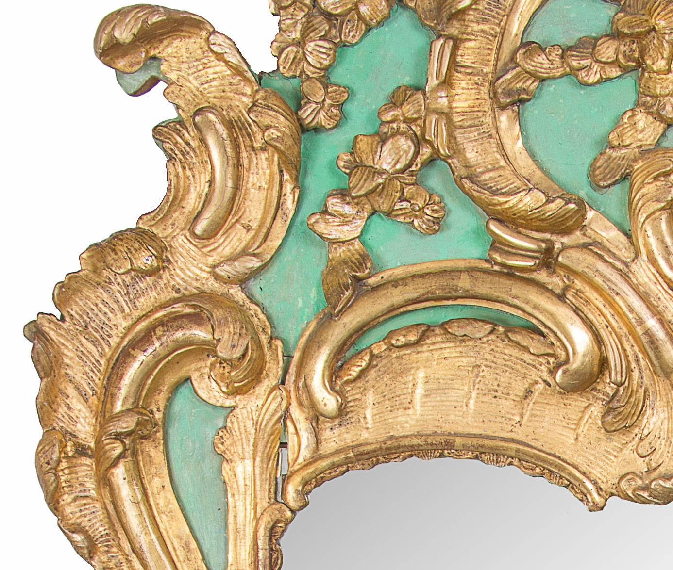 18th Century and Earlier Exquisite French Louis XV Green Painted and Parcel-Gilt Mirror
