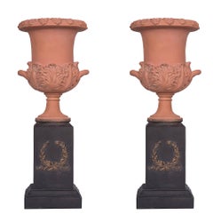 Pair of Neoclassical Terracotta Urns on Decorated Plinths