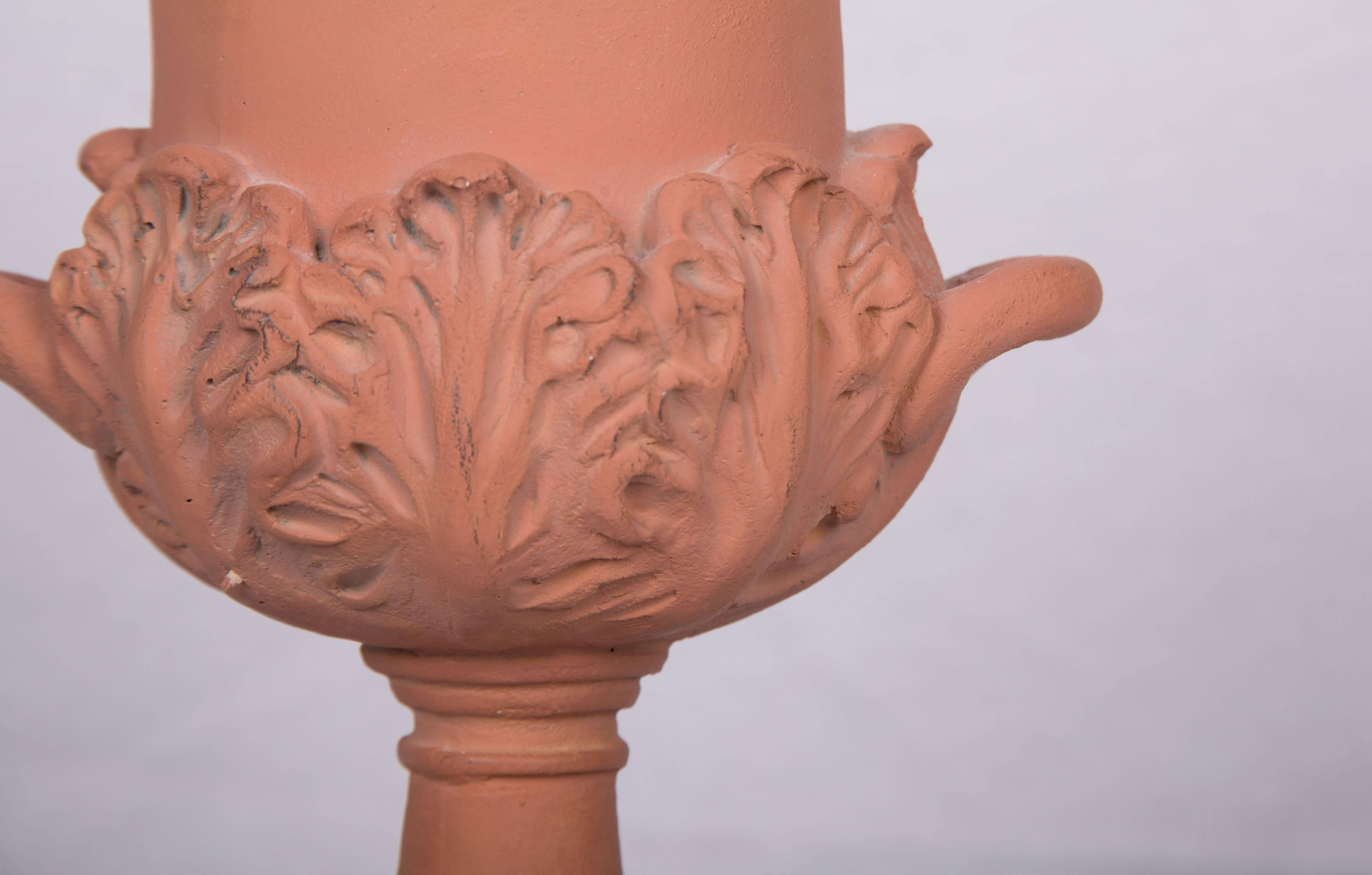 Unknown Pair of Neoclassical Terracotta Urns on Decorated Plinths