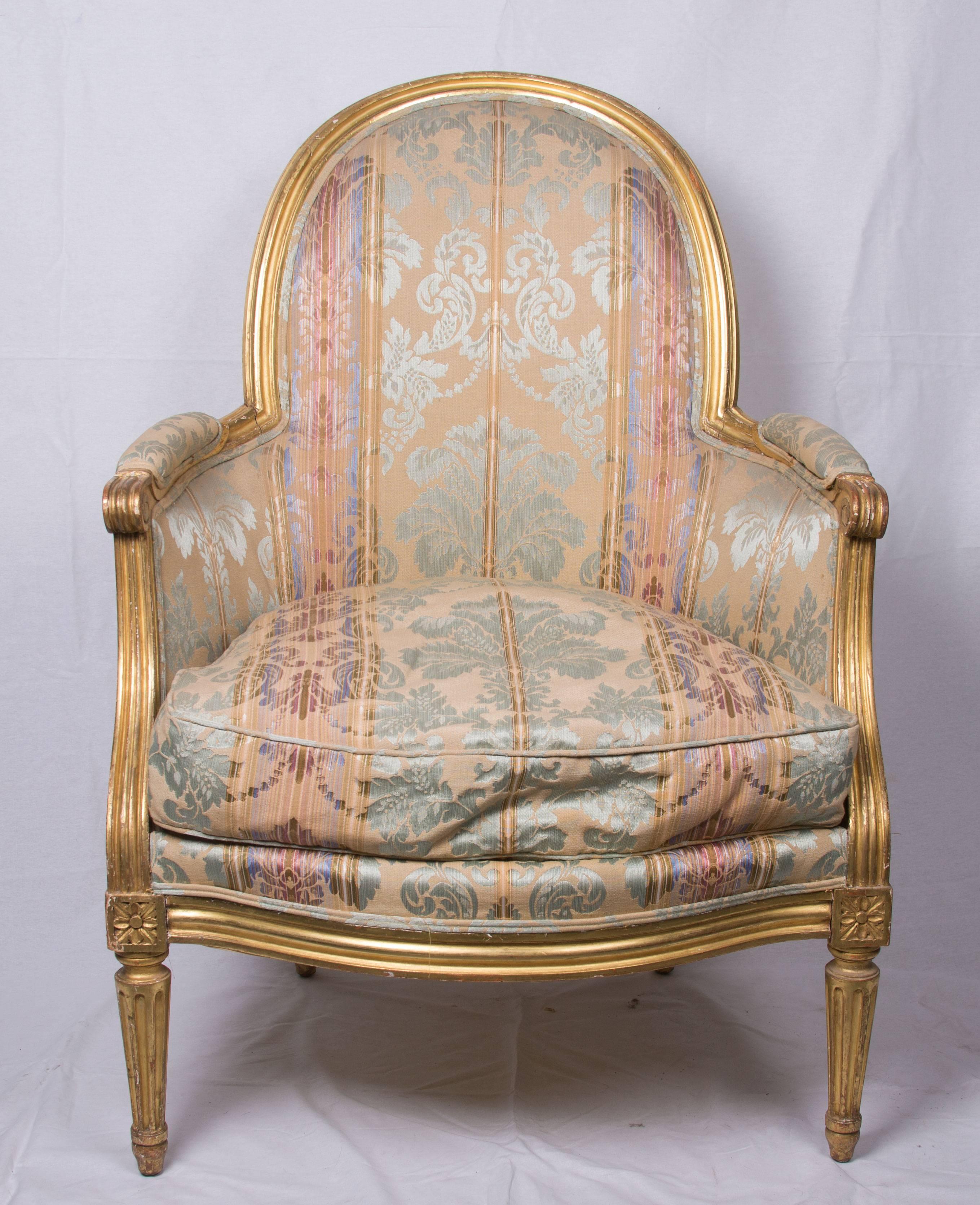 Louis XVI Pair of 19th Century French Bergere Giltwood Upholstered Chairs