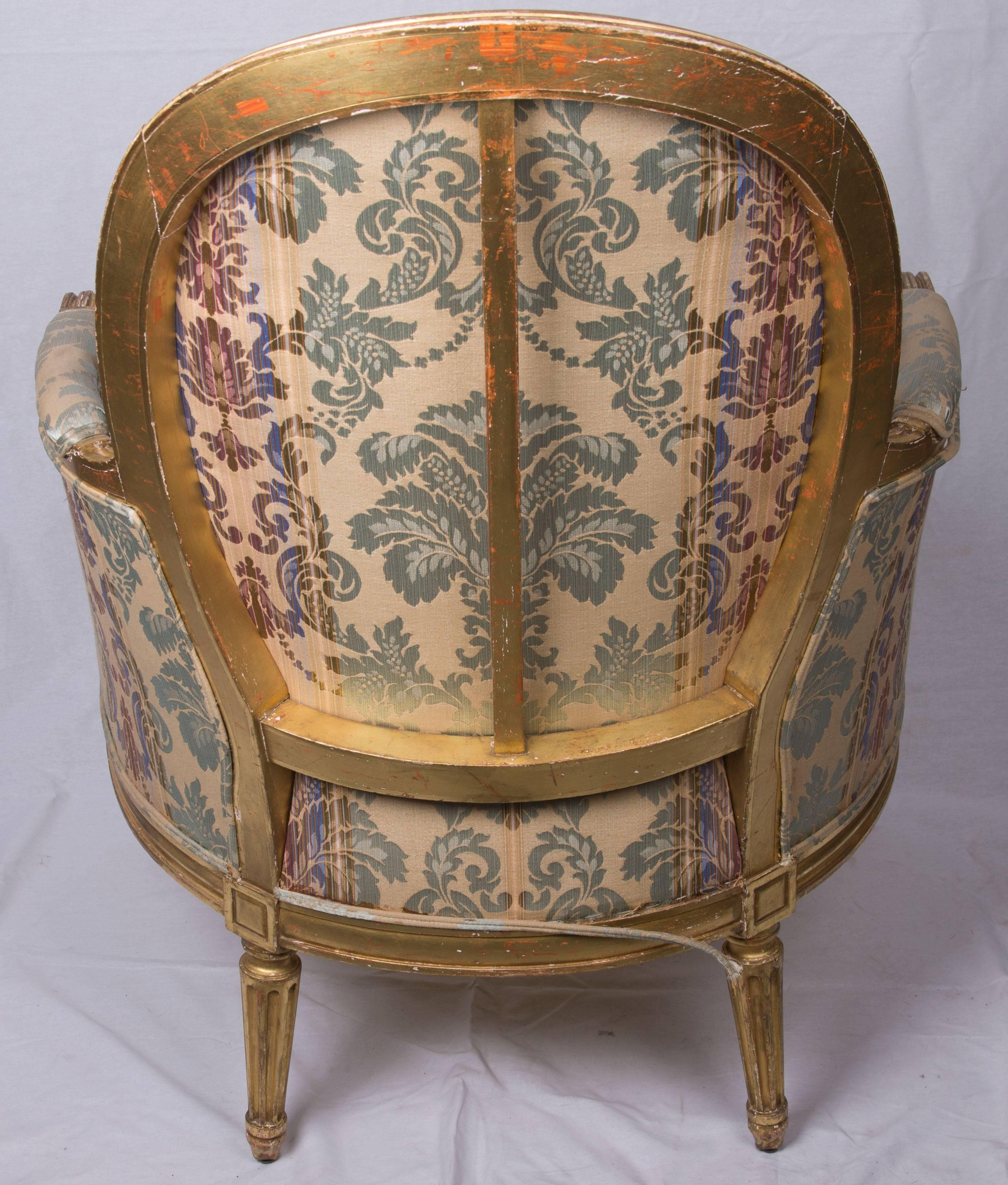 Pair of 19th Century French Bergere Giltwood Upholstered Chairs 1