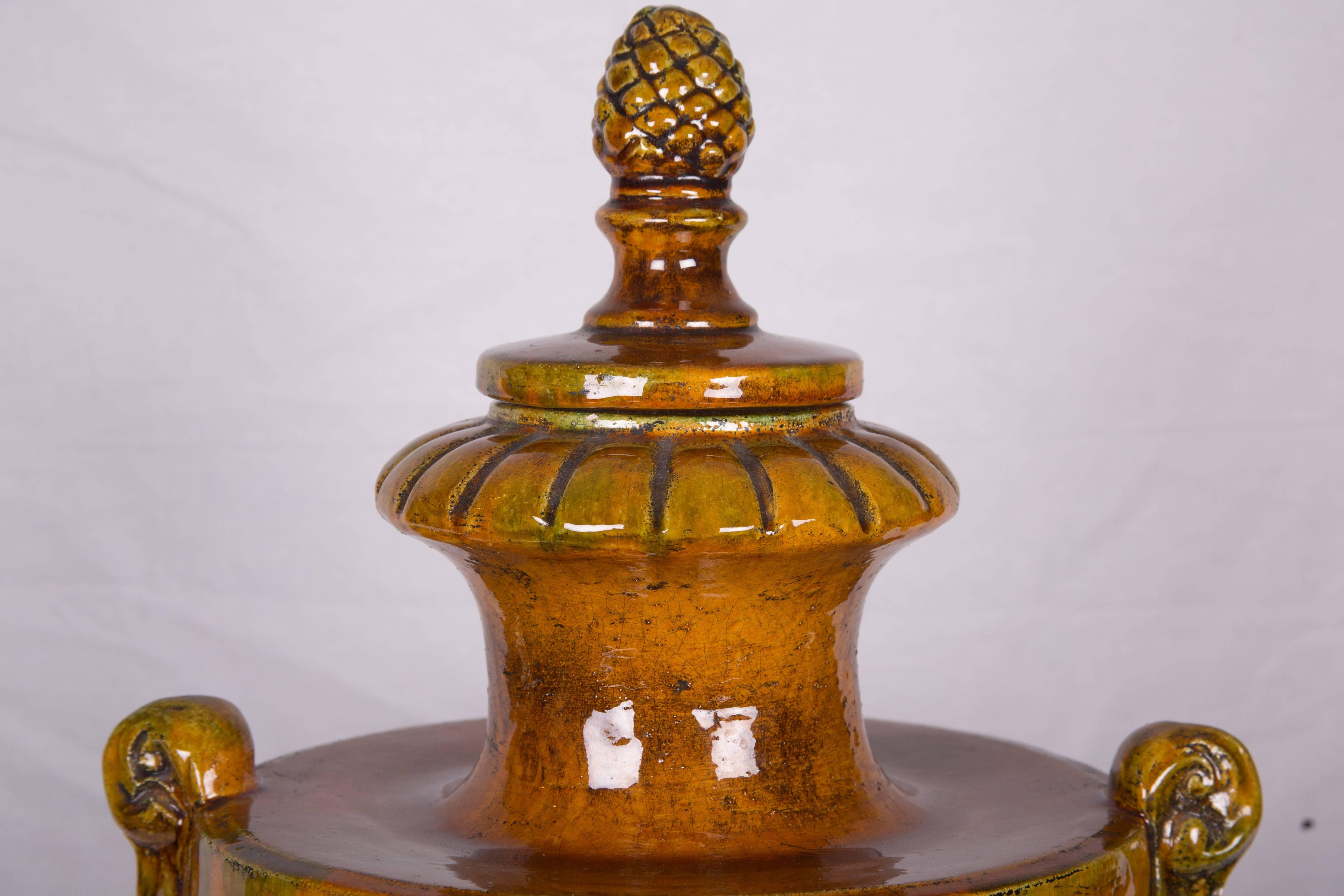 Terracotta Pair of Italian Glazed Terra Cotta Lidded Urns, Late 20th Century