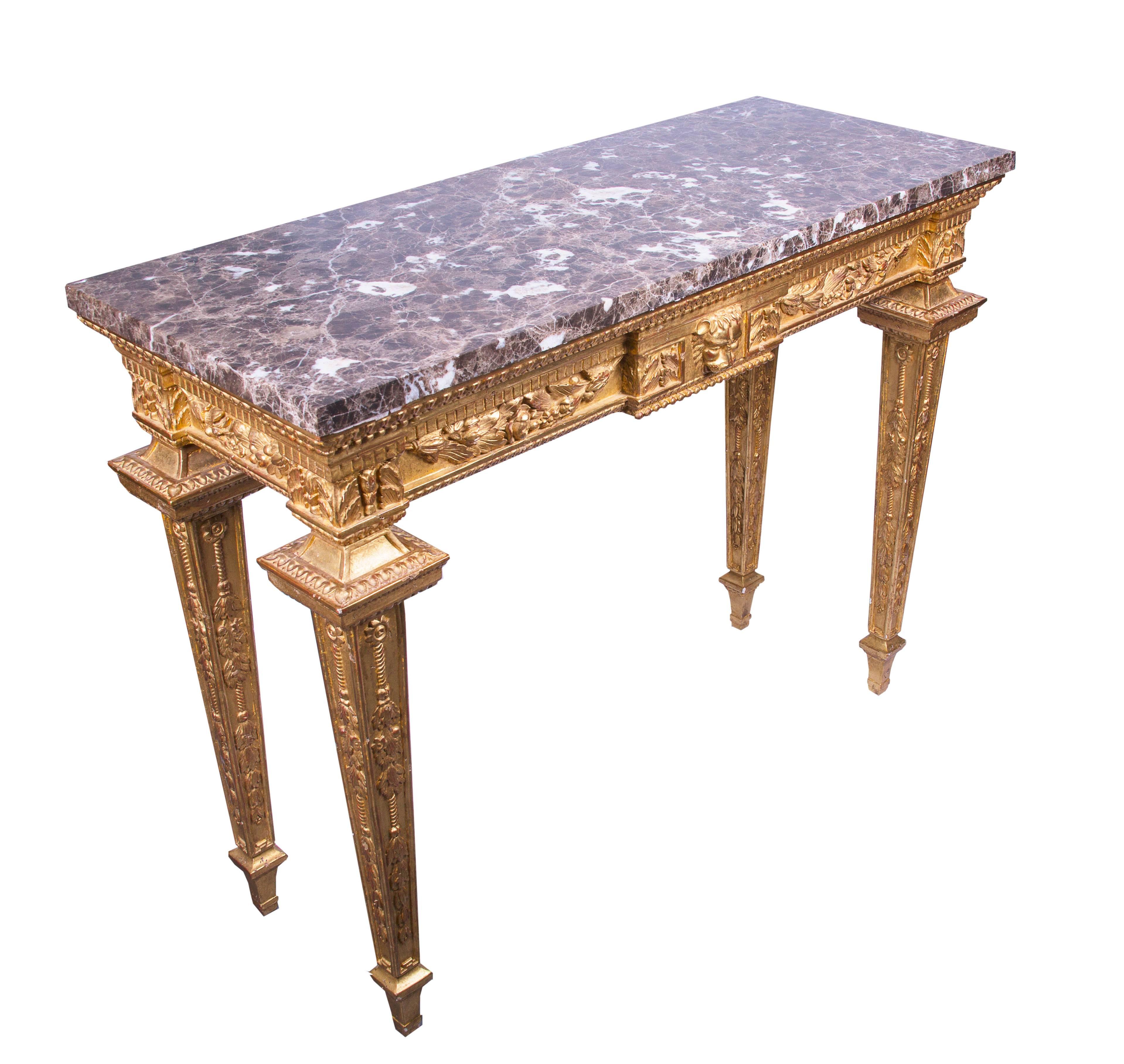 French Pair of Louis XVI Giltwood Consoles with Marble Tops