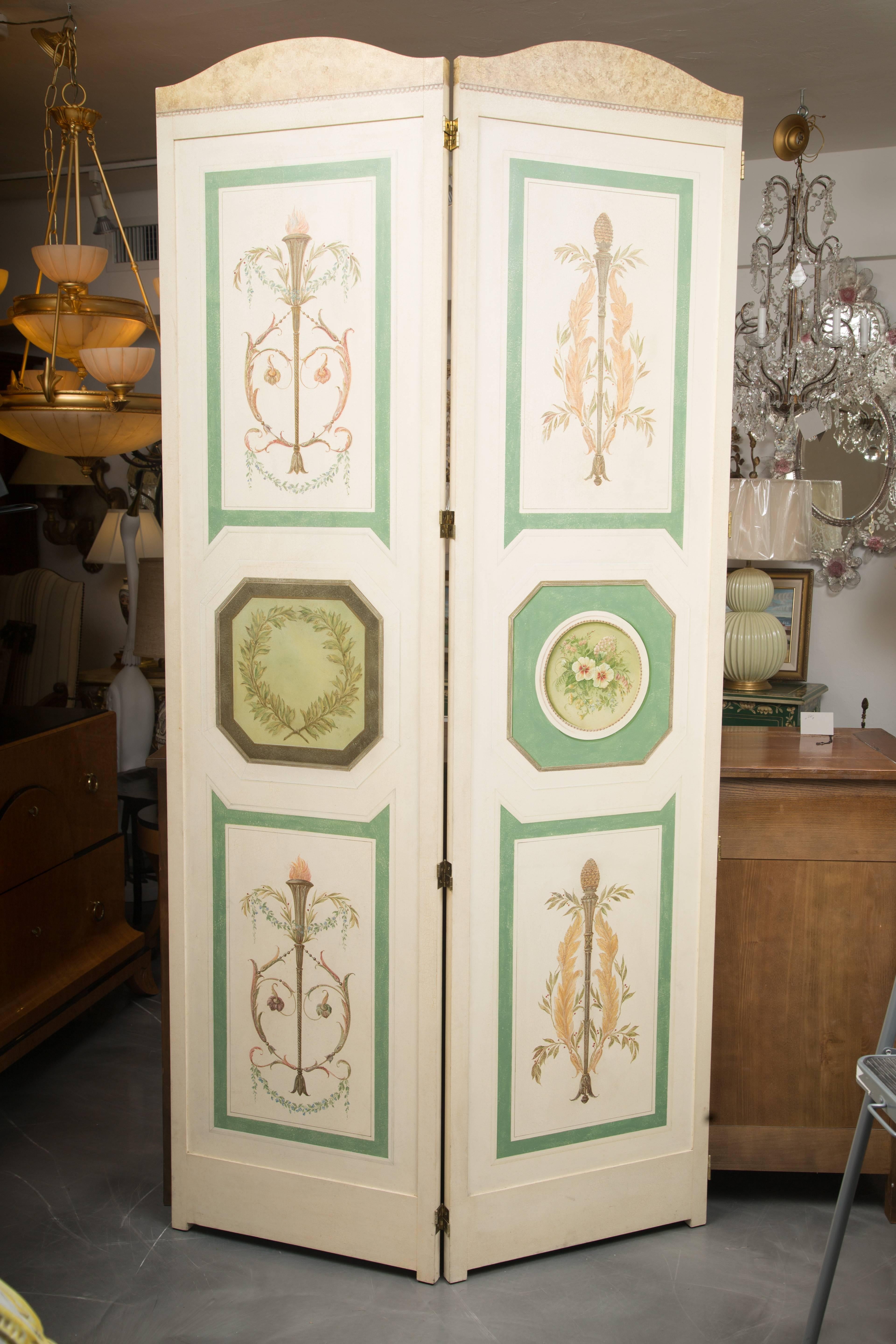 Hand-Painted Custom Adams Style, Four-Panel Screen In Good Condition In WEST PALM BEACH, FL