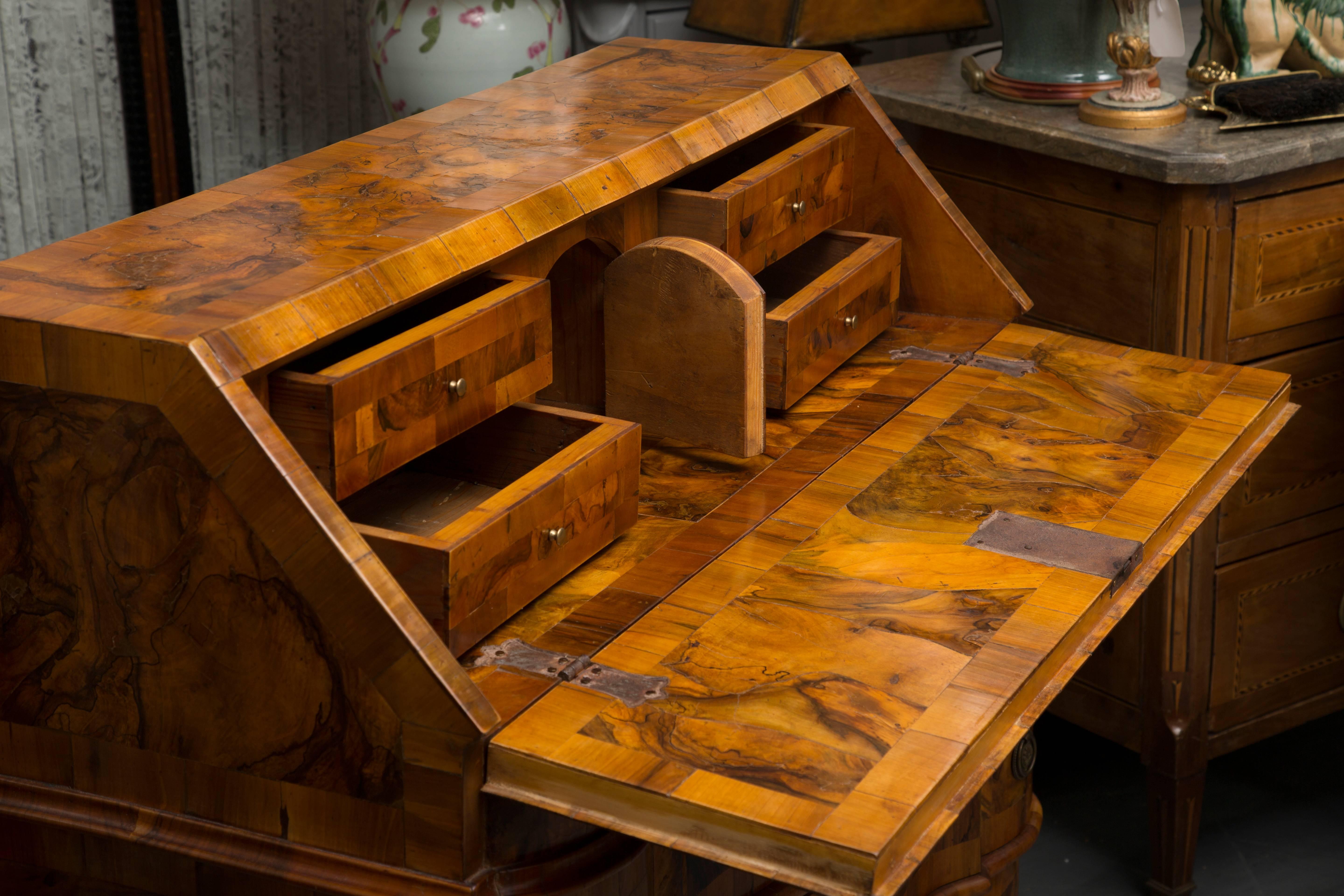 Hand-Crafted 19th Century Italian Rococo Burl Walnut Slant Front Desk