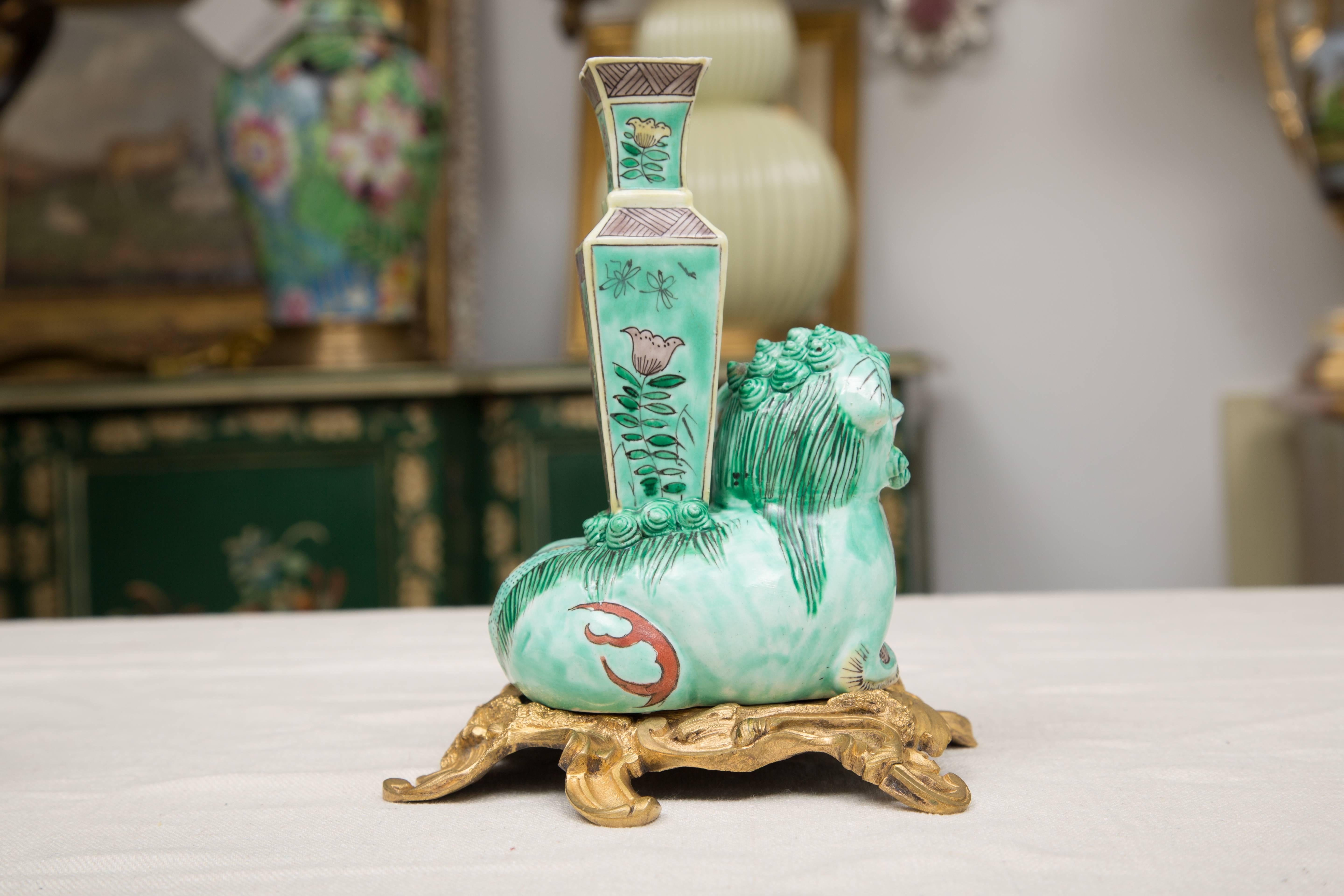 Chinese Export 19th Century Pair of Chinese Lions on Bronze Doré Base