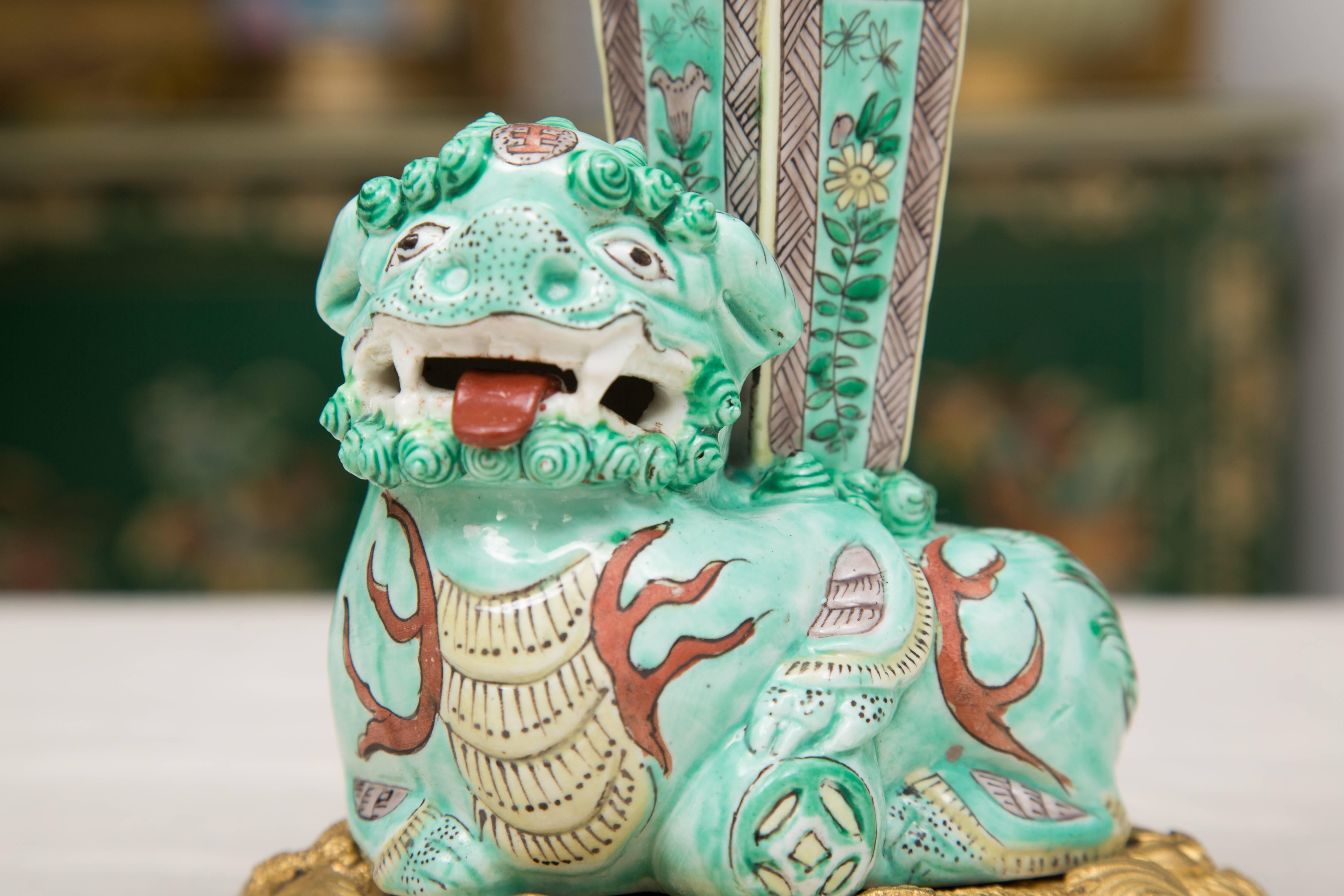 19th Century Pair of Chinese Lions on Bronze Doré Base 2