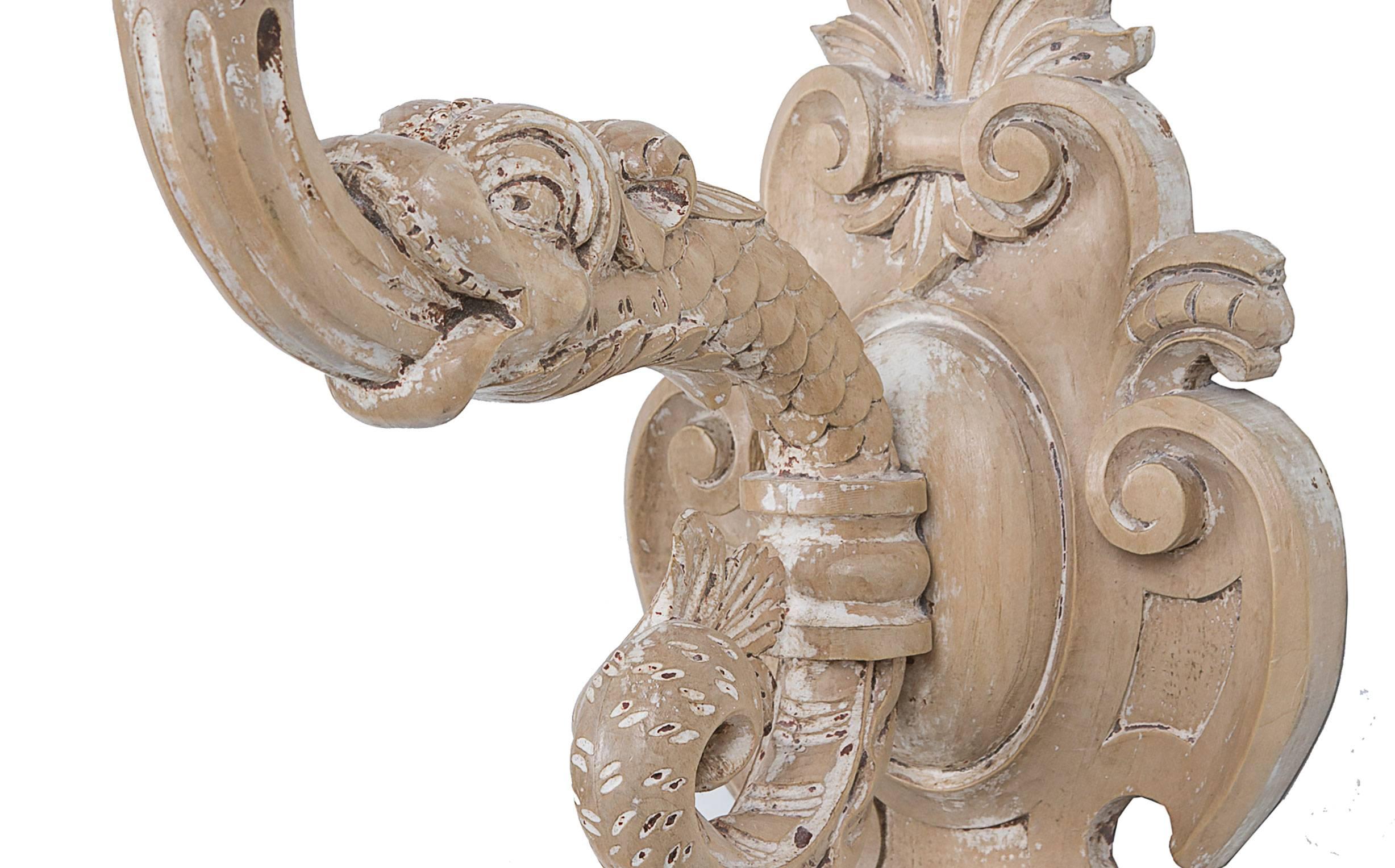 Bleached Pair of Italian Hand-Carved Beechwood Electrified Sconces