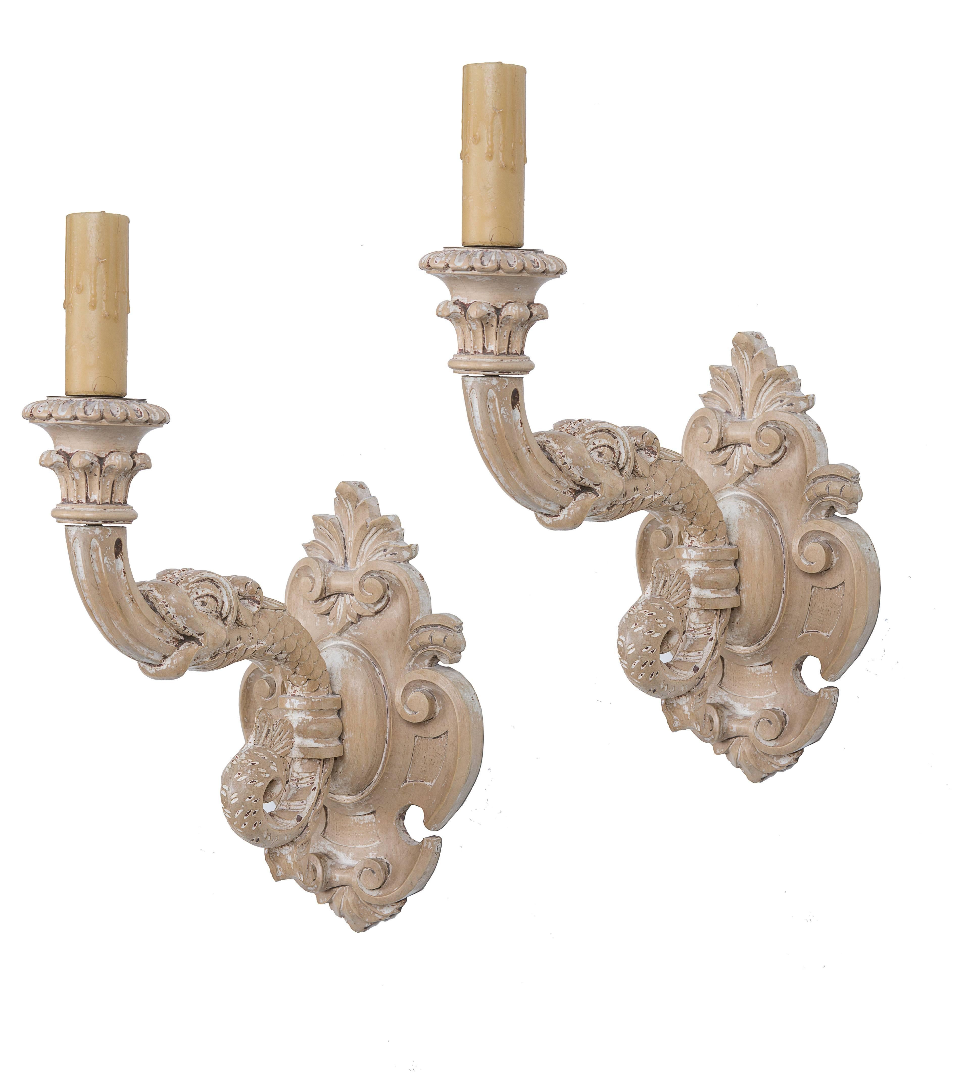 Pair of Italian Hand-Carved Beechwood Electrified Sconces In Good Condition In WEST PALM BEACH, FL