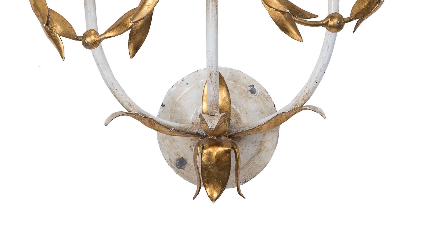 Gustavian Pair of Mid-Century Swedish White Painted and Parcel-Gilt Electrified Sconces