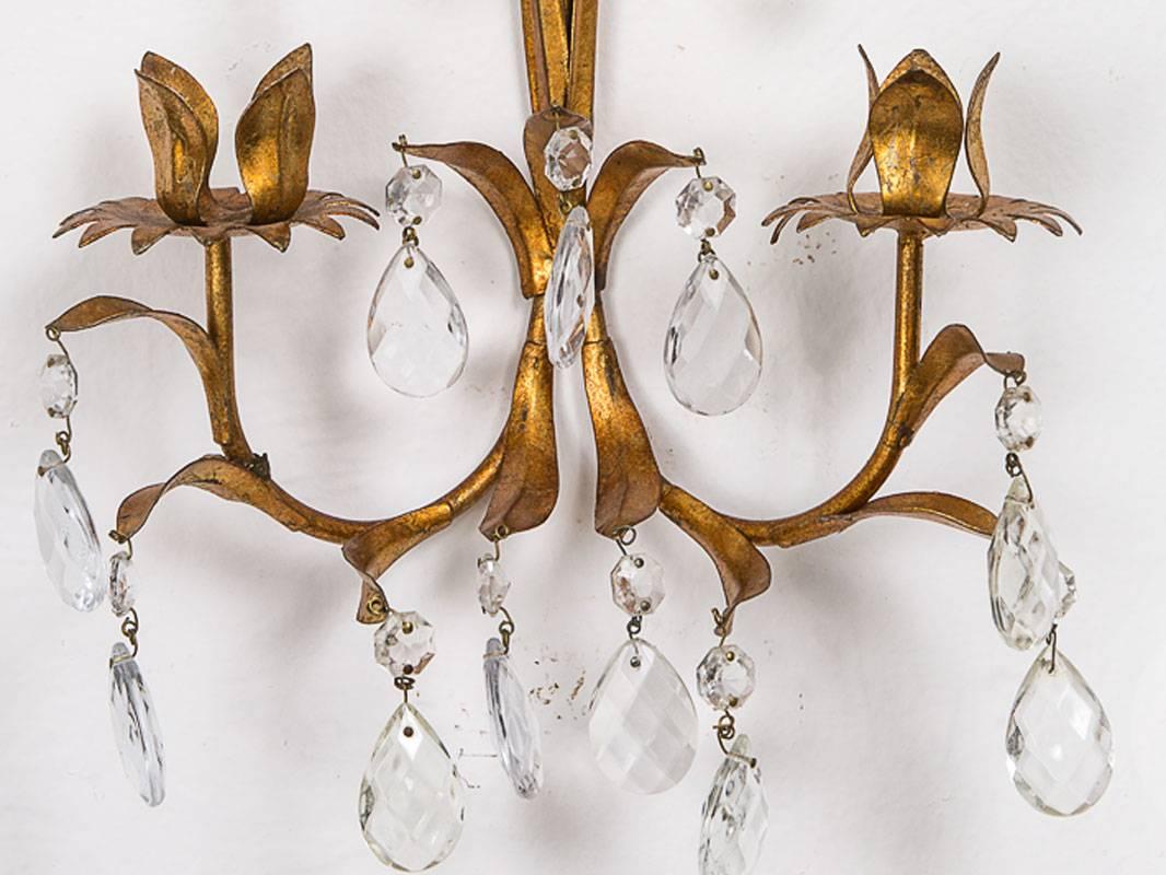 Faceted Italian Florentine Gilt Metal Sconces with Prisms