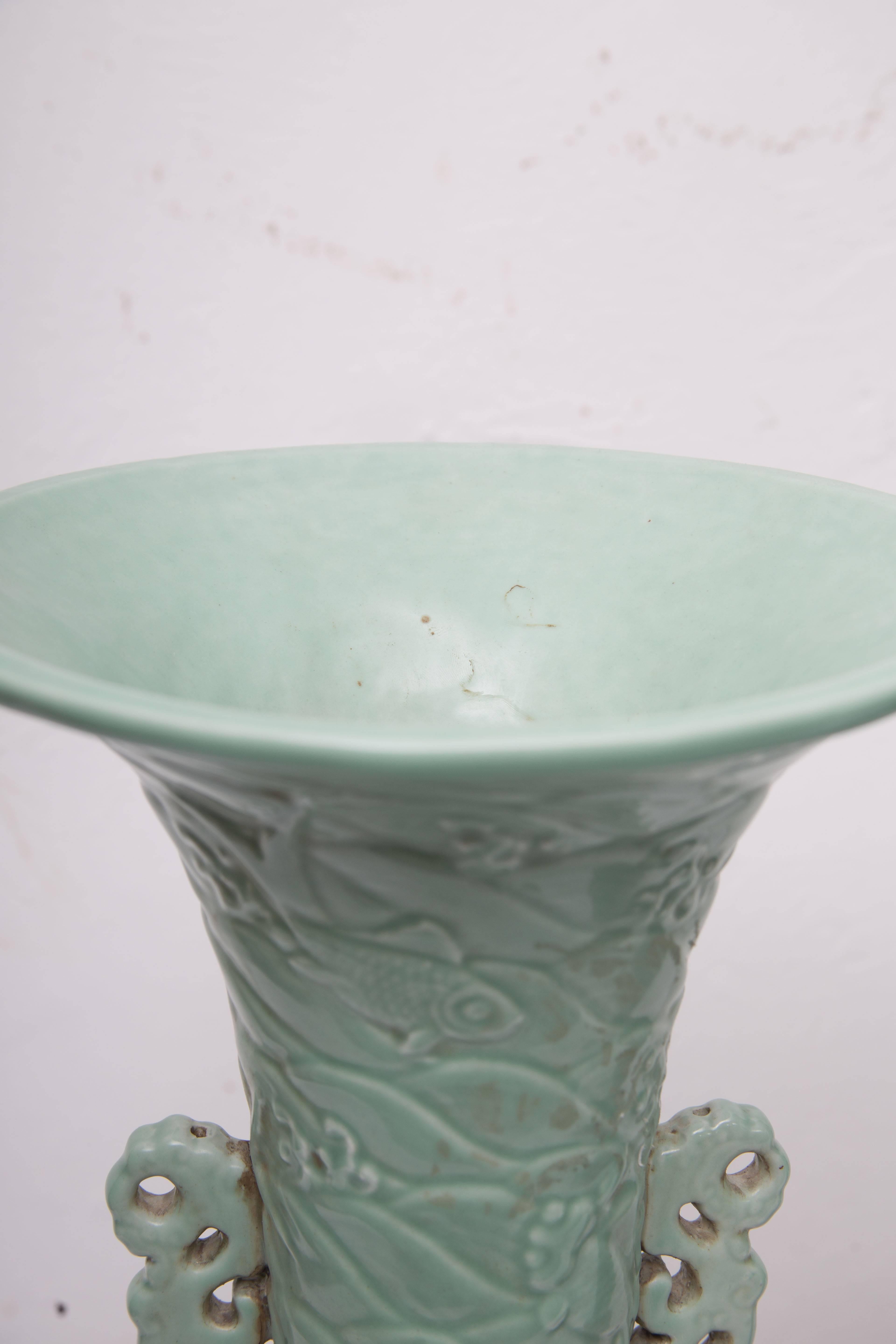 Hand-Crafted Pair of Chinese Celadon Trumpet Urns