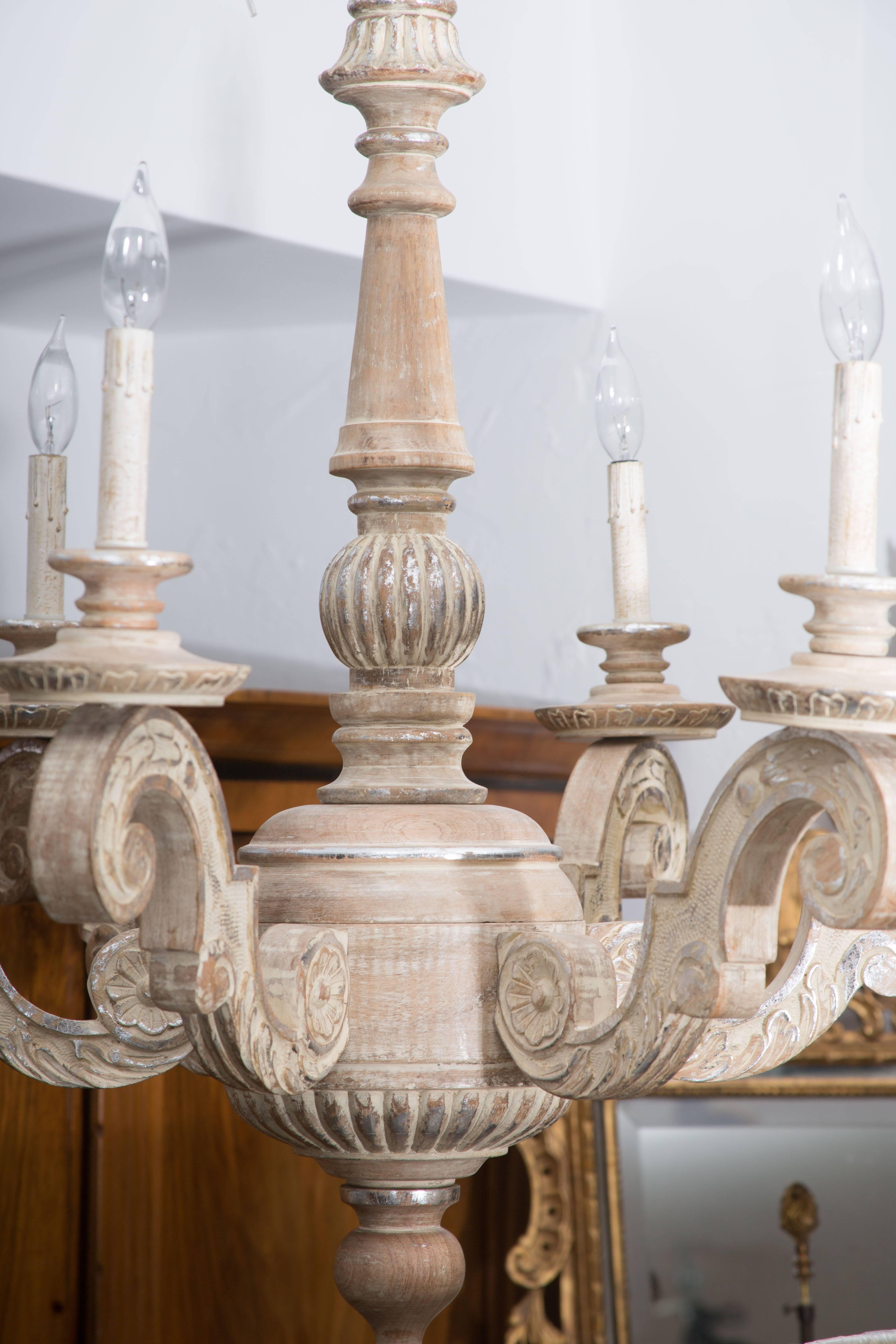 Carved Parcel Silver-Gilt and Washed Pine Six-Arm Chandelier, Mid-20th Century
