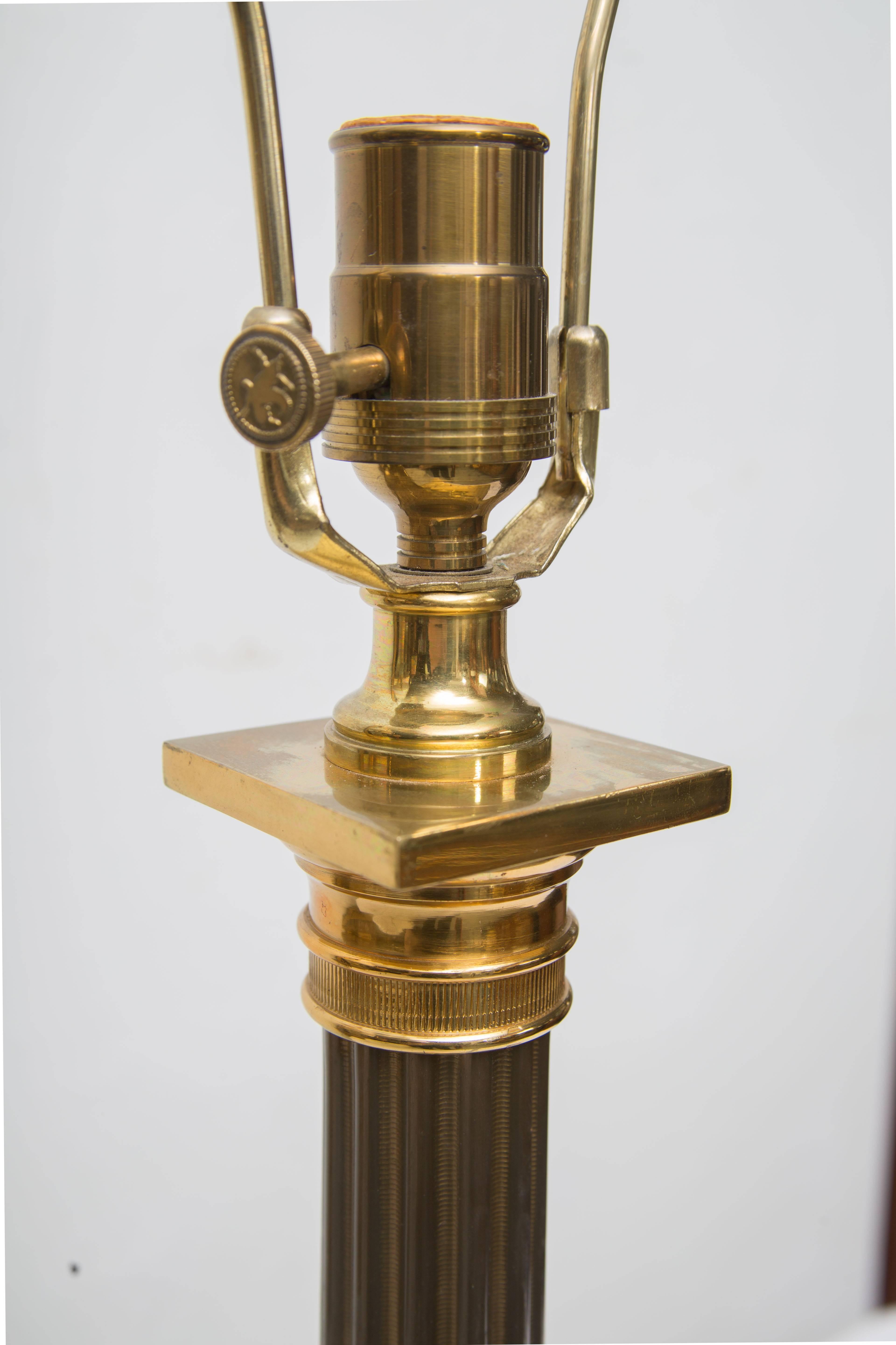 American Pair of Steele and Brass Column Shaped Table Lamps