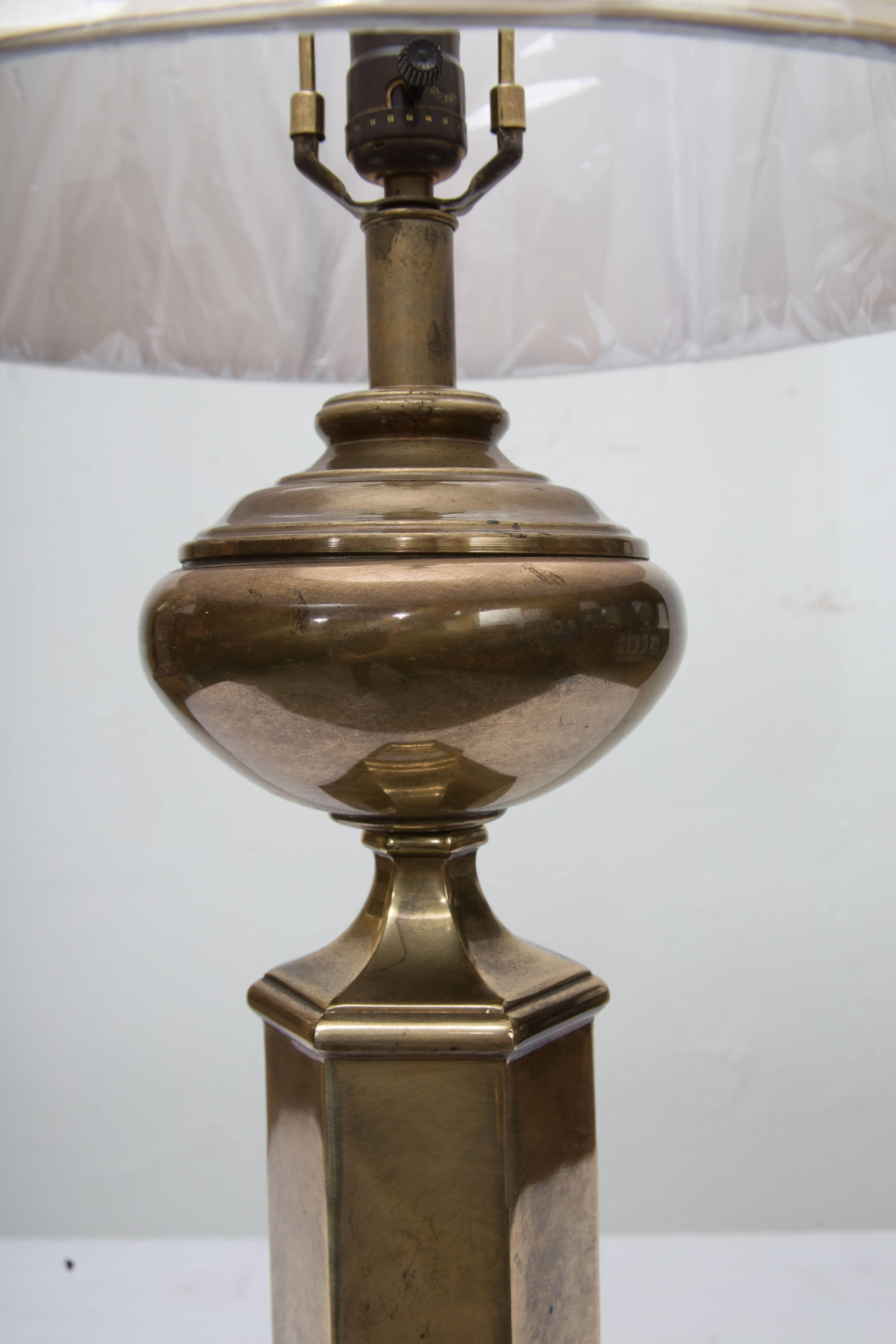 American Stately Pair of Hexagonal Brass Lamps