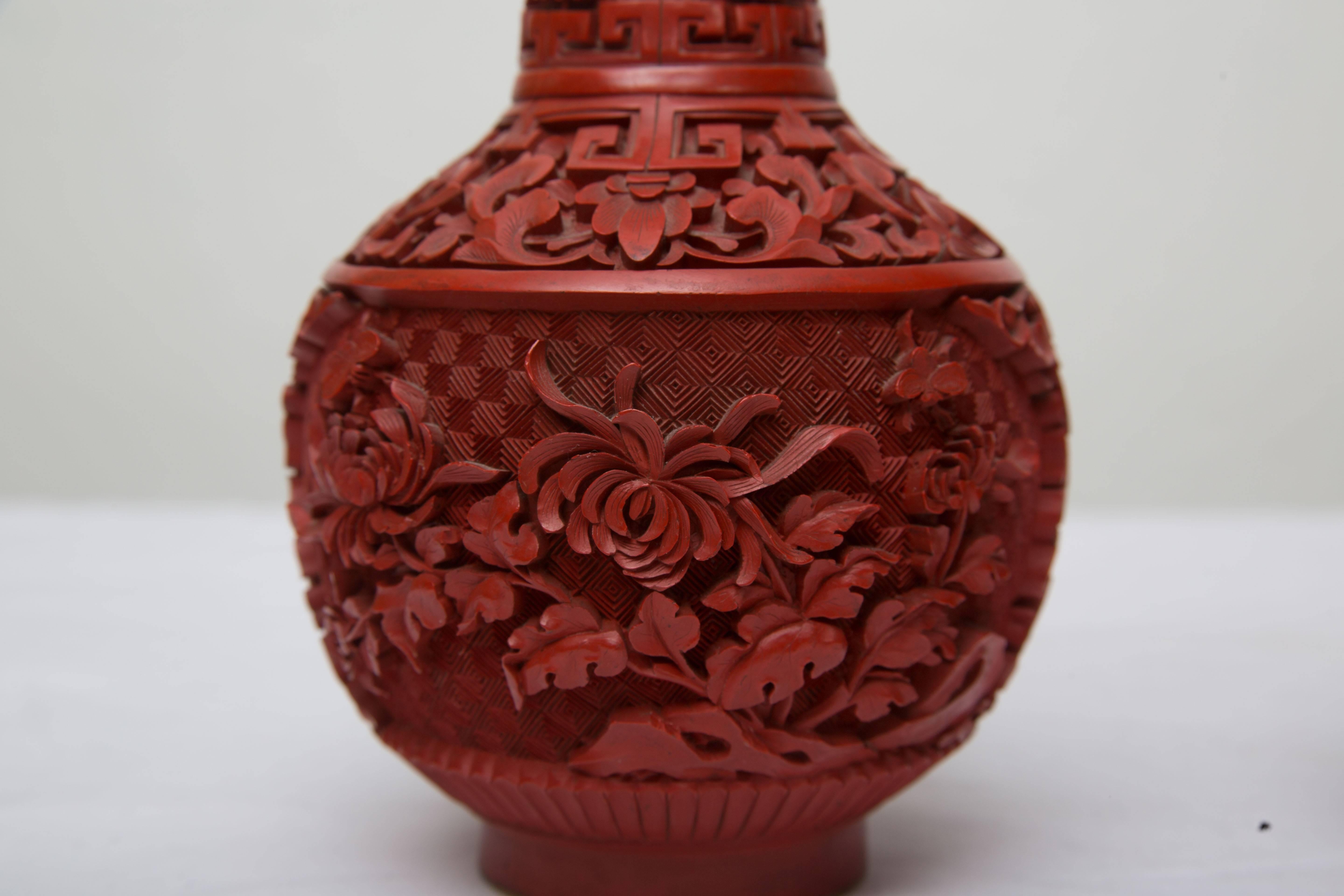 Hand-Carved Pair of Chinese Red Cinnabar Lacquered Bottle Vases